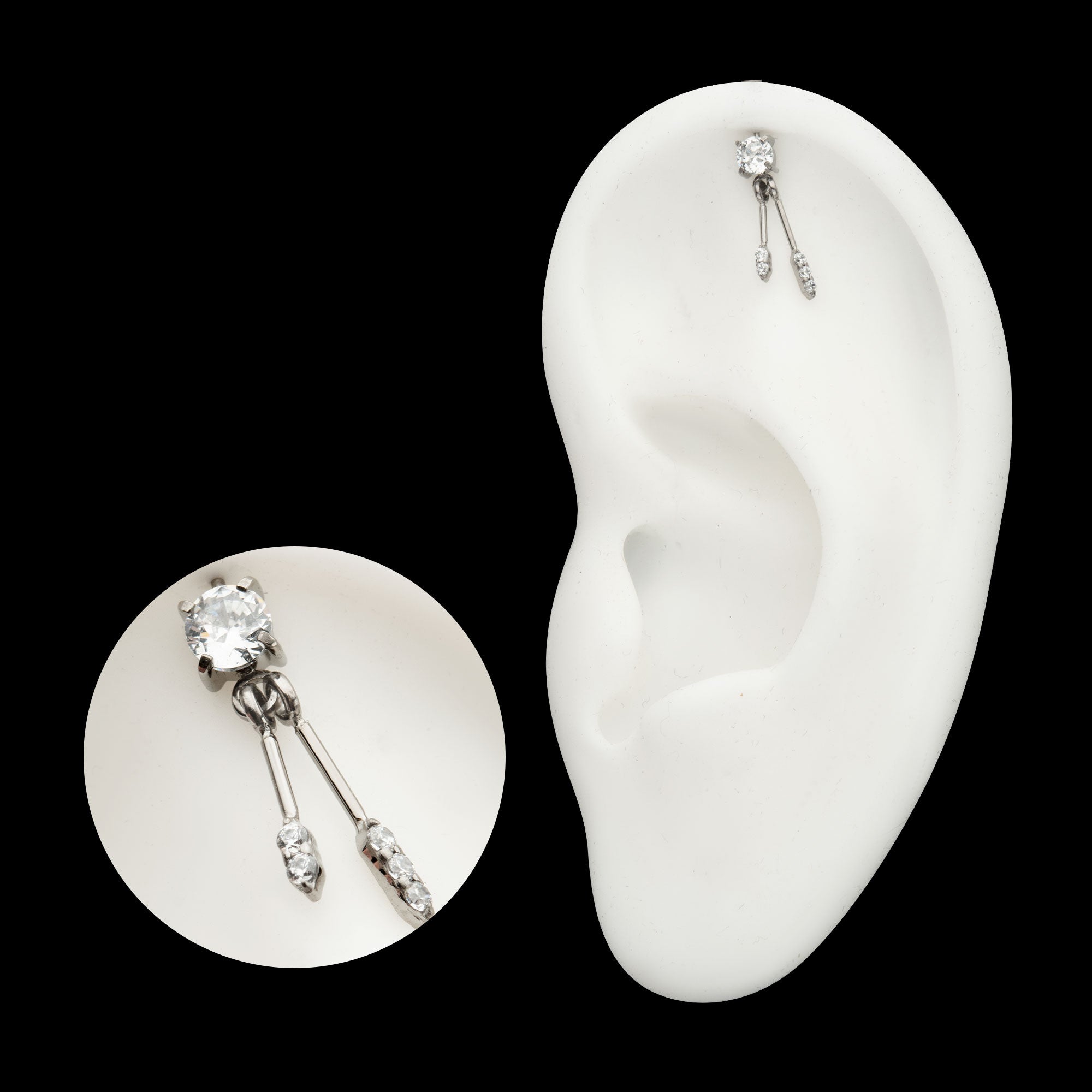 Vertical Helix Prong Set Gem with Duo Bar Dangle Flatback Stud Earring / Nosering - Gem in Titanium