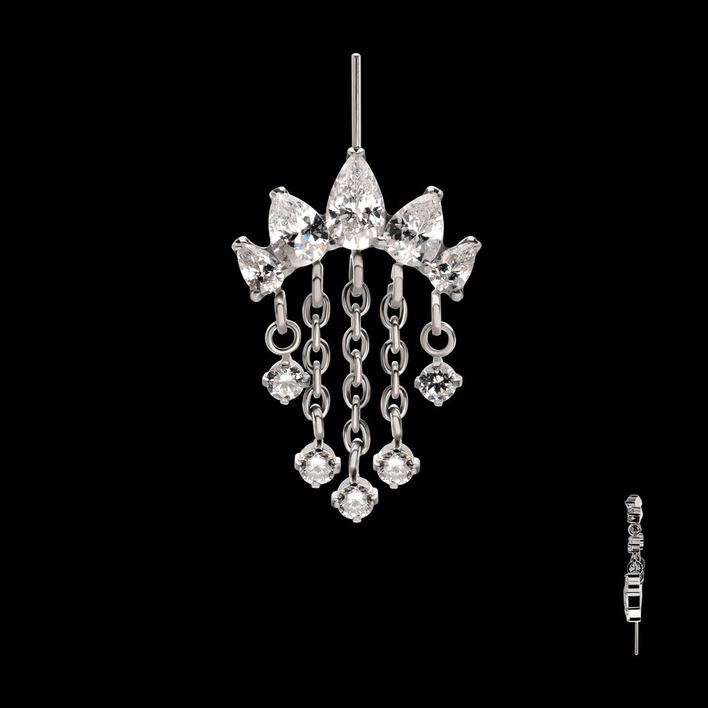 Vertical Helix 5-Cluster Teardrop Gem Curved Bar with 5-Chain Prong Gem Dangle Flatback Stud Earring / Nosering - Gem in Titanium