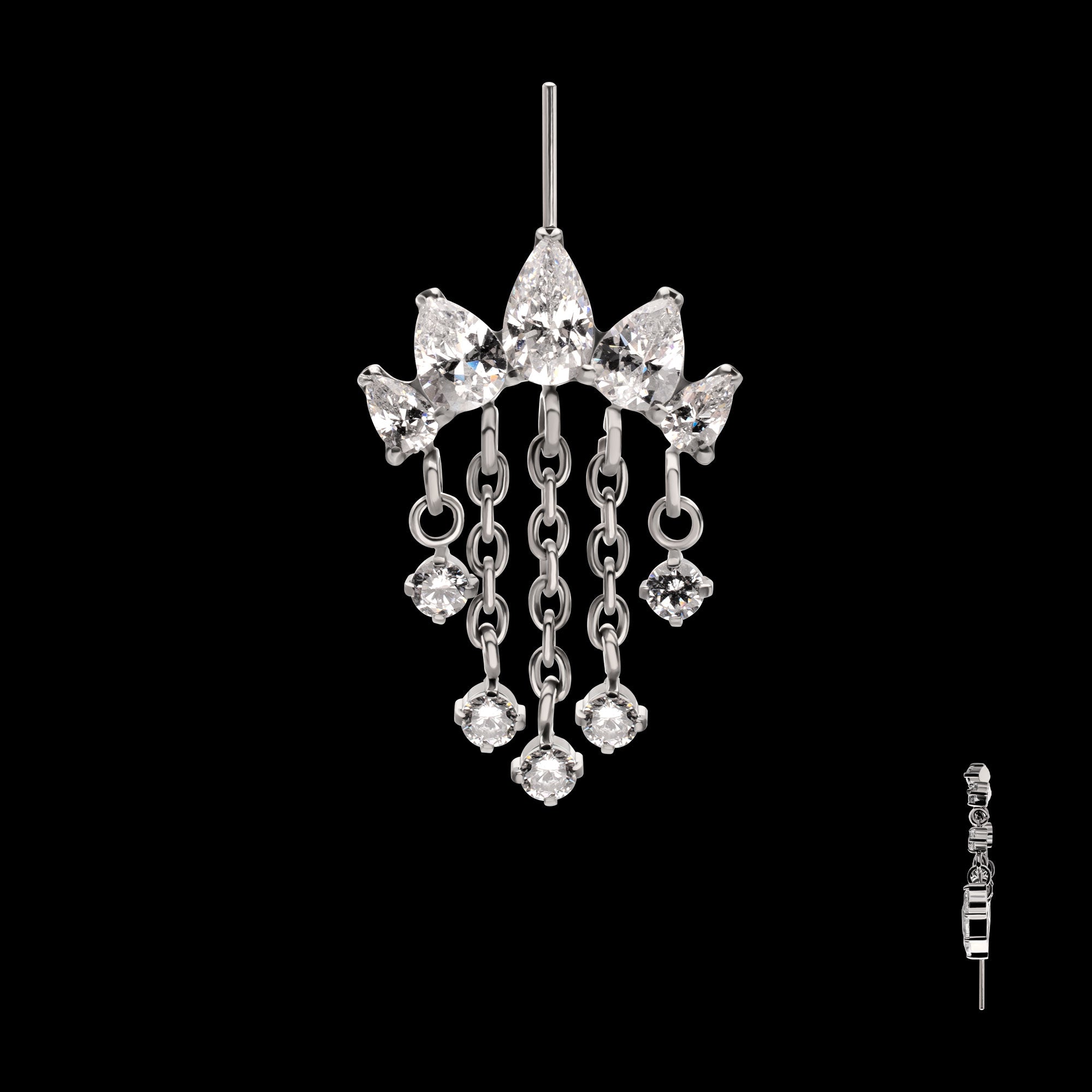 Vertical Helix 5-Cluster Teardrop Gem Curved Bar with 5-Chain Prong Gem Dangle Flatback Stud Earring / Nosering - Gem in Titanium