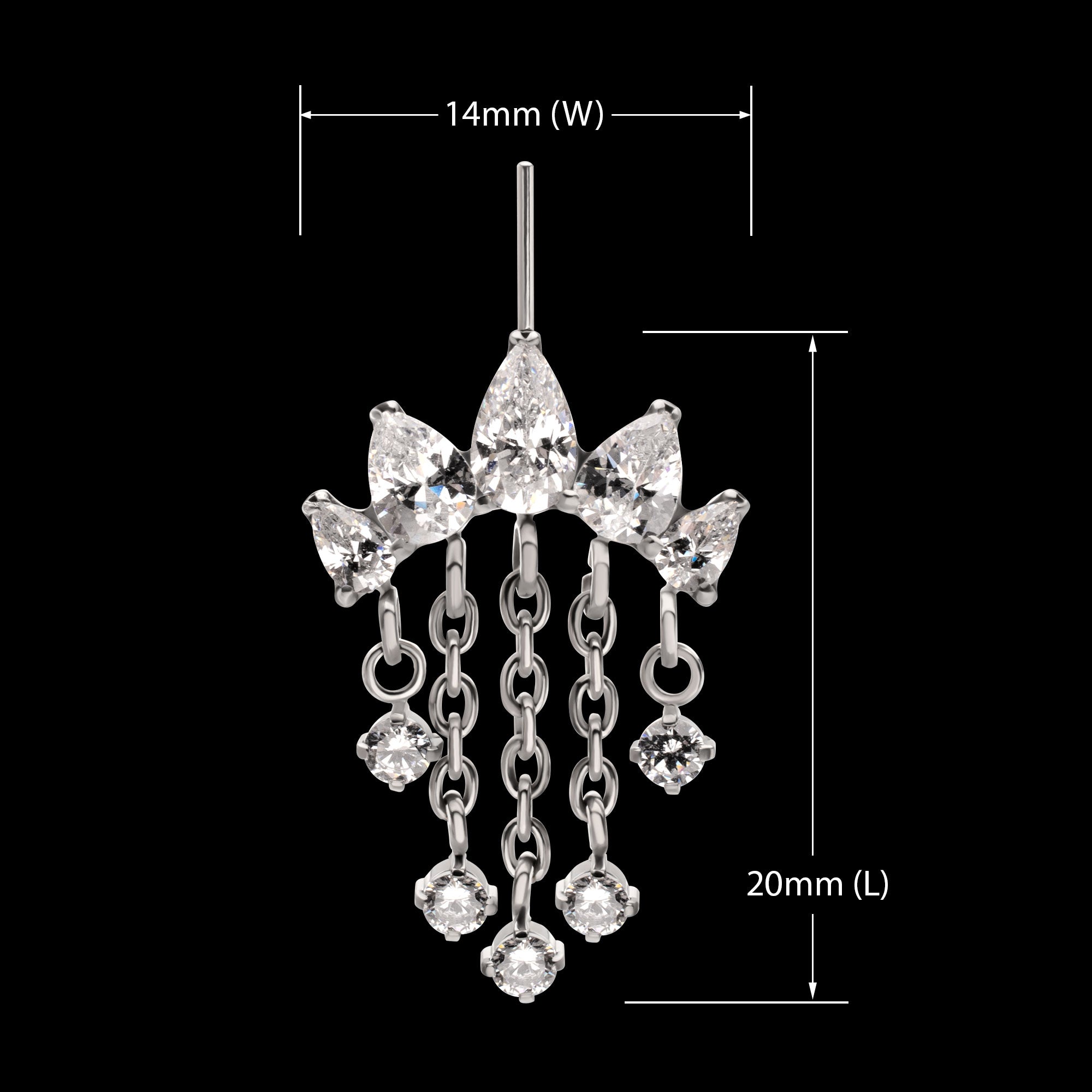 Vertical Helix 5-Cluster Teardrop Gem Curved Bar with 5-Chain Prong Gem Dangle Flatback Stud Earring / Nosering - Gem in Titanium