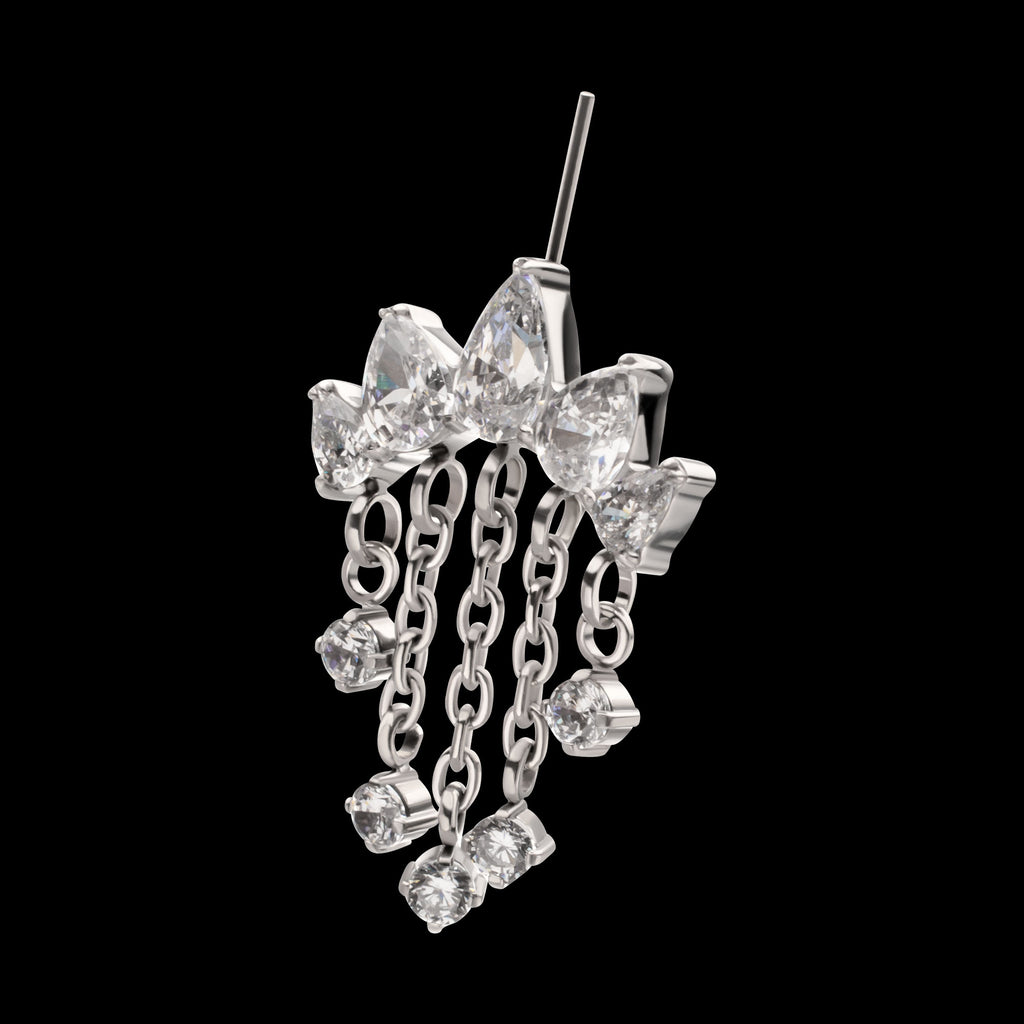 Vertical Helix 5-Cluster Teardrop Gem Curved Bar with 5-Chain Prong Gem Dangle Flatback Stud Earring / Nosering - Gem in Titanium
