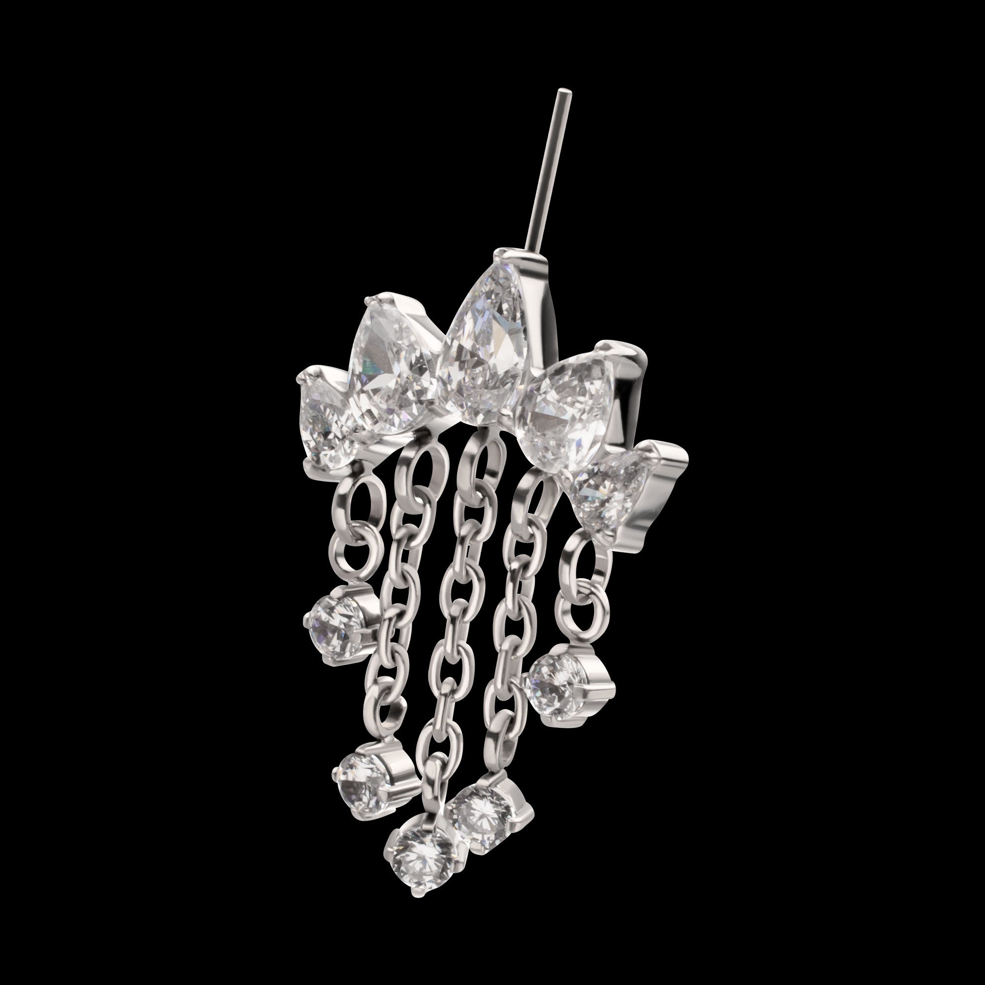 Vertical Helix 5-Cluster Teardrop Gem Curved Bar with 5-Chain Prong Gem Dangle Flatback Stud Earring / Nosering - Gem in Titanium