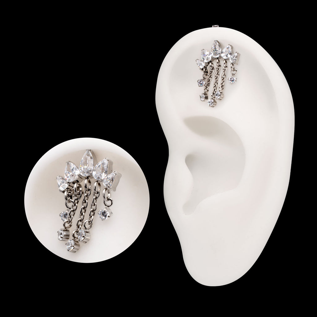 Vertical Helix 5-Cluster Teardrop Gem Curved Bar with 5-Chain Prong Gem Dangle Flatback Stud Earring / Nosering - Gem in Titanium