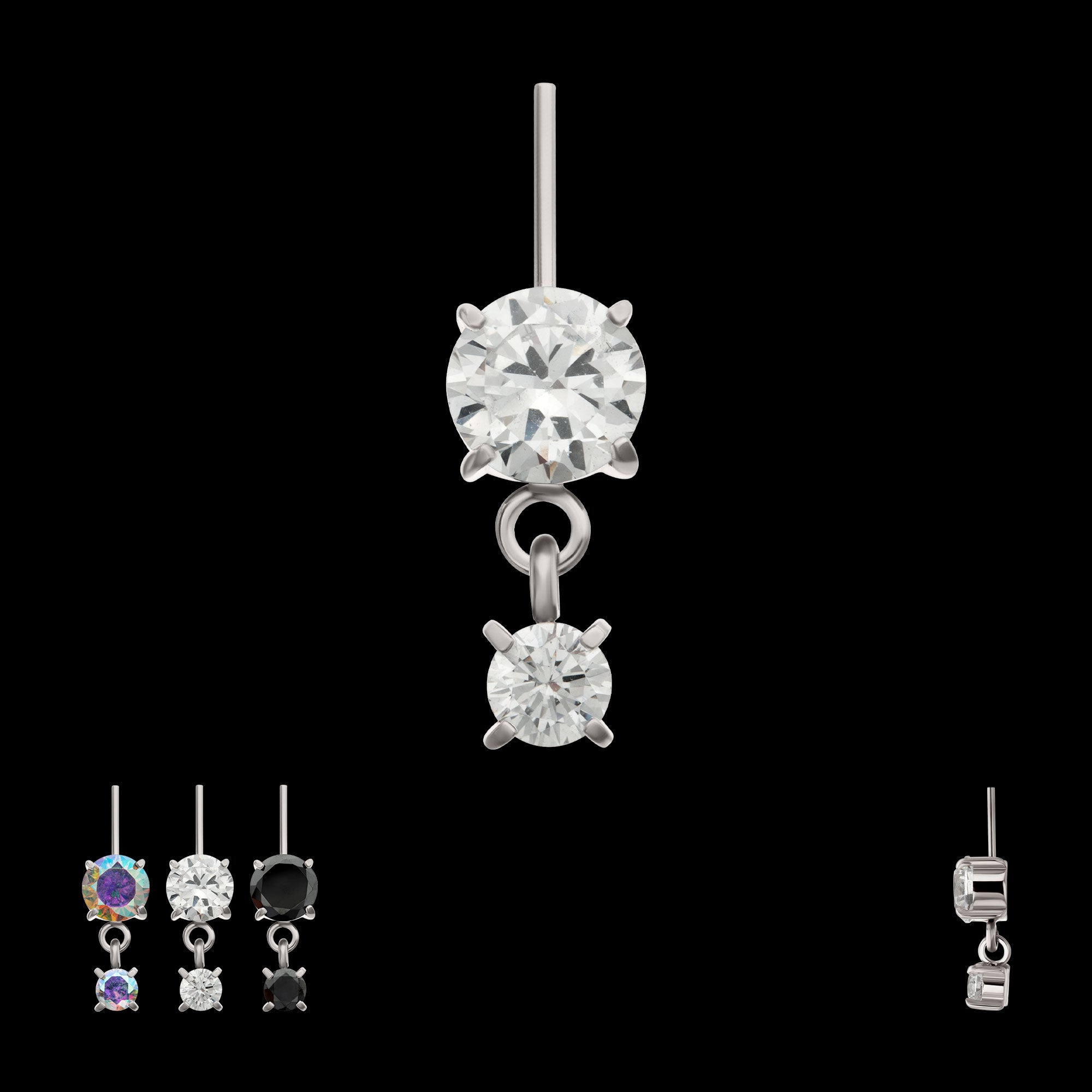 Vertical Helix Double 4-Prong CZ Gem Dangle Flatback Stud Earring / Nosering - CZ in Titanium