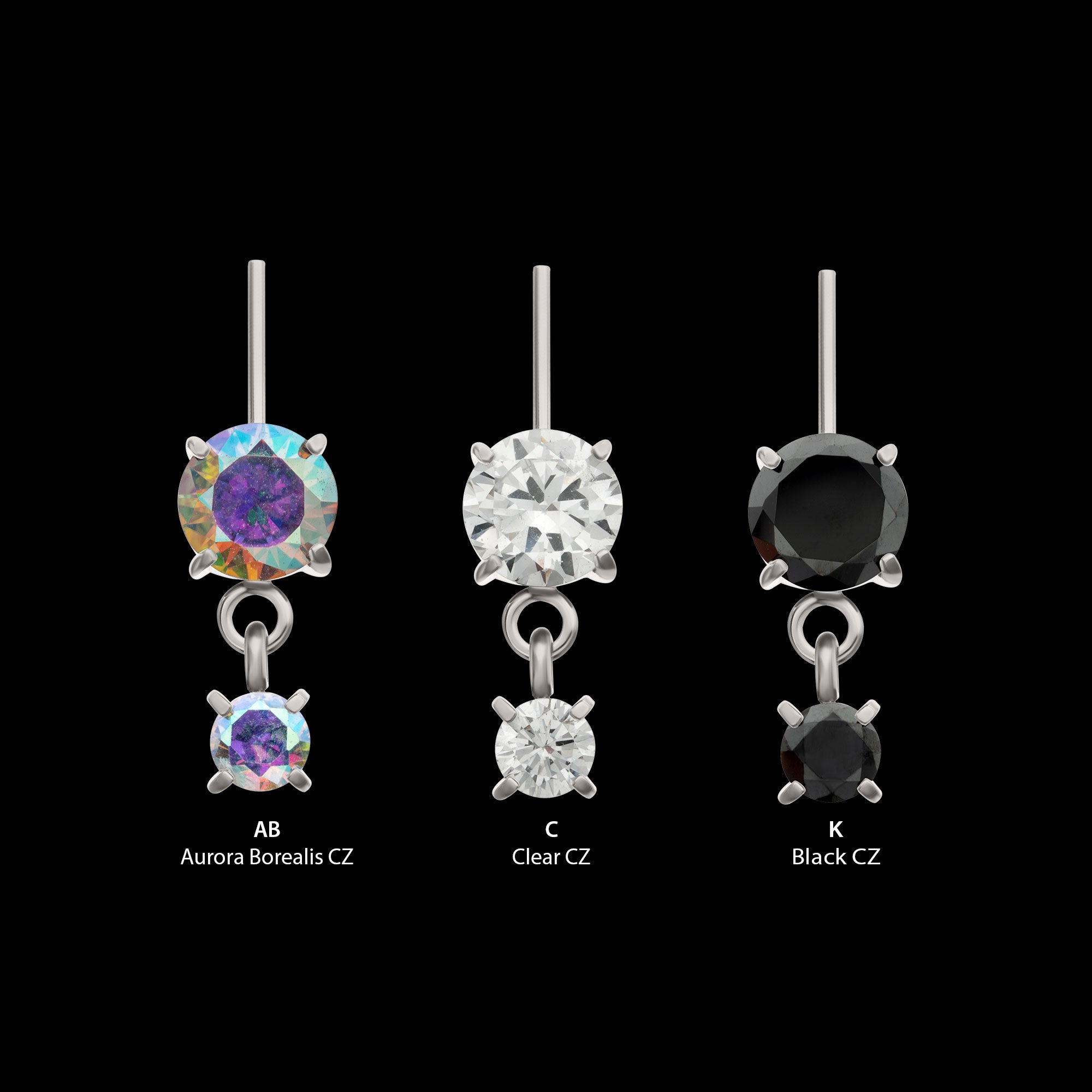 Vertical Helix Double 4-Prong CZ Gem Dangle Flatback Stud Earring / Nosering - CZ in Titanium