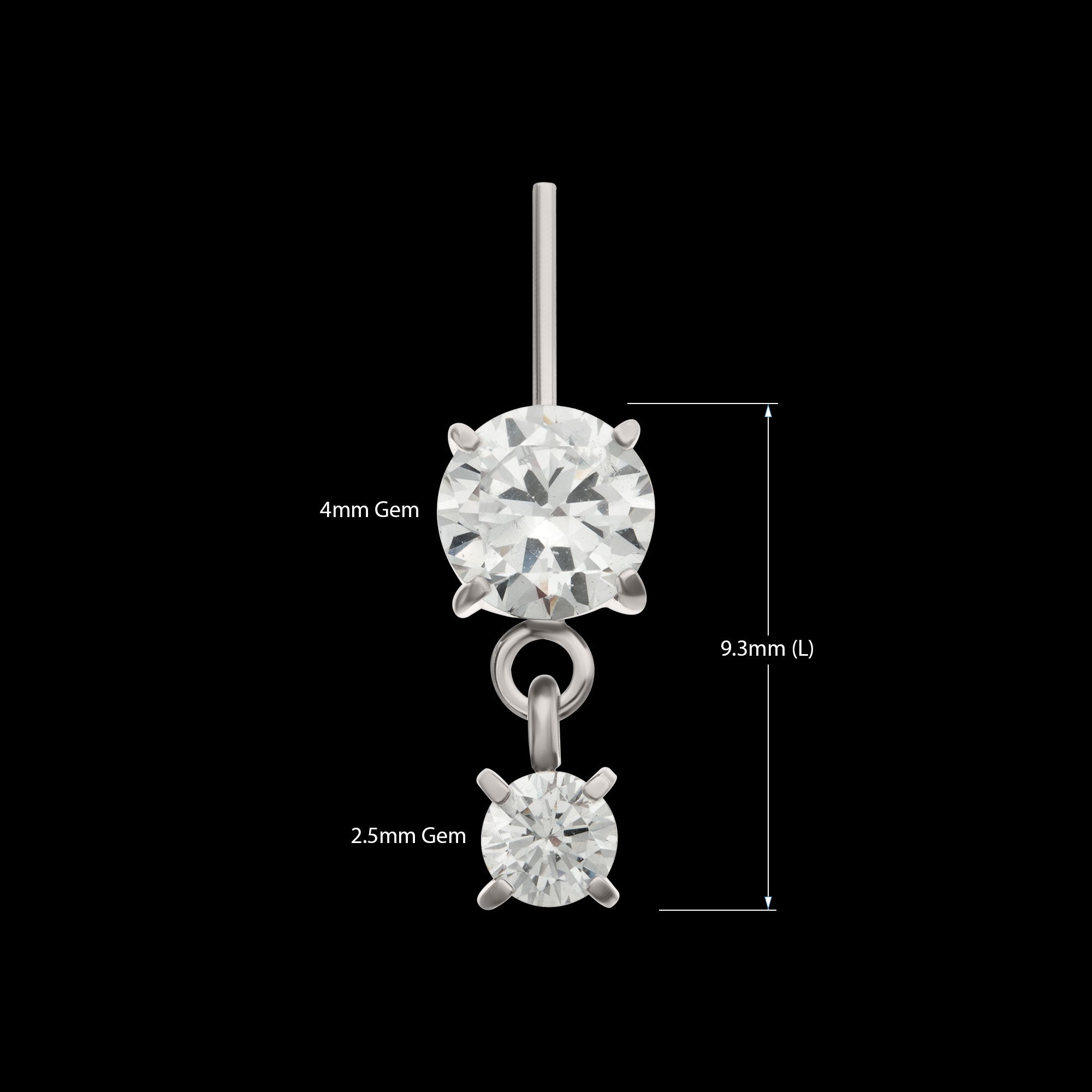 Vertical Helix Double 4-Prong CZ Gem Dangle Flatback Stud Earring / Nosering - CZ in Titanium