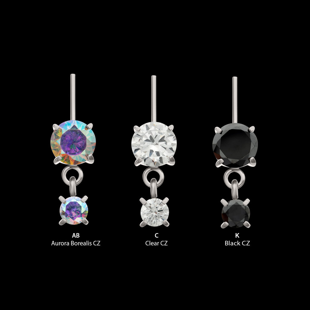 Vertical Helix Double 4-Prong CZ Gem Dangle Flatback Stud Earring / Nosering - CZ in Titanium
