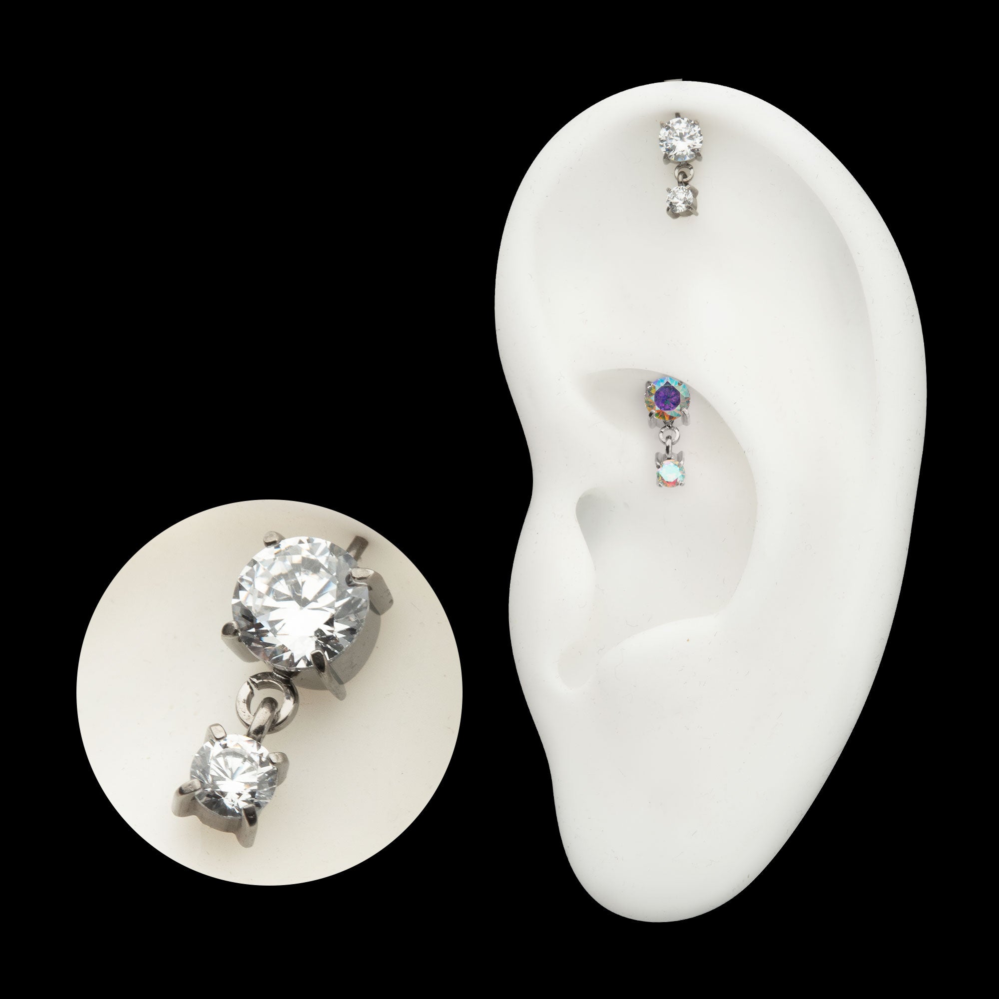Vertical Helix Double 4-Prong CZ Gem Dangle Flatback Stud Earring / Nosering - CZ in Titanium