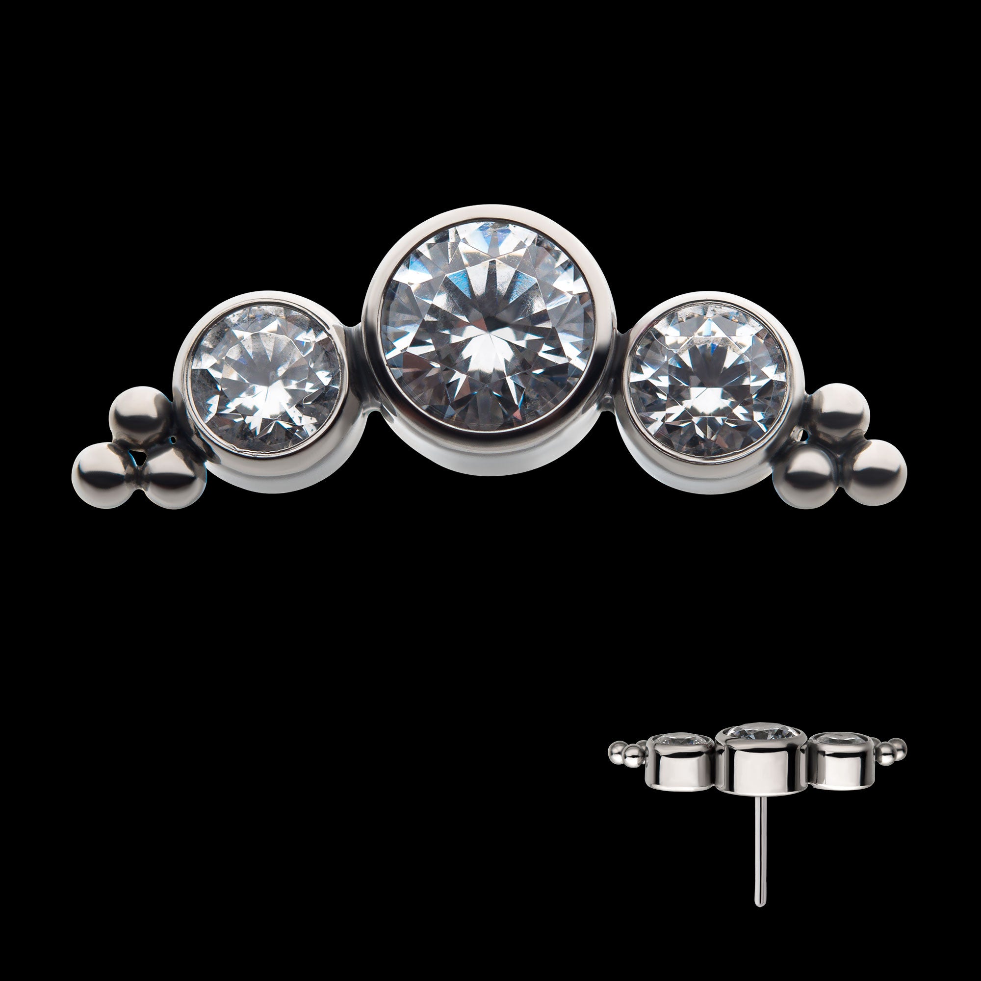 6-Bead Bezel Round CZ/Swarovski Zirconia 3-Cluster Flatback Stud Earring / Nosering - CZ in Titanium
