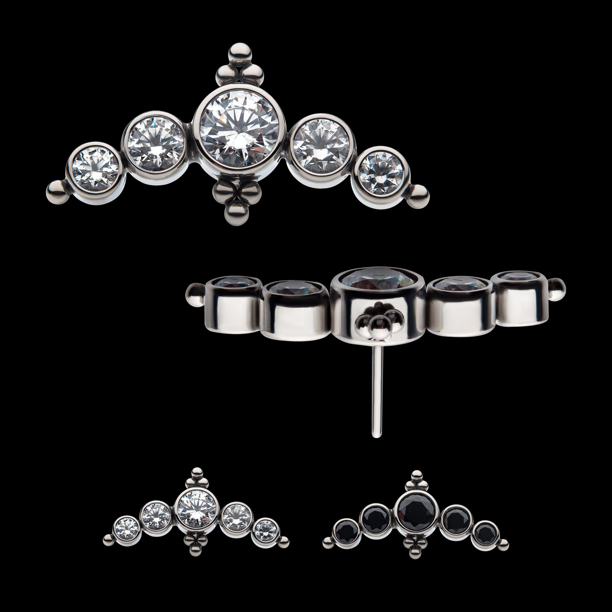 5-Bezel Set AAA Gem & Beads Cluster Flatback Stud Earring / Nosering - Gem in Titanium