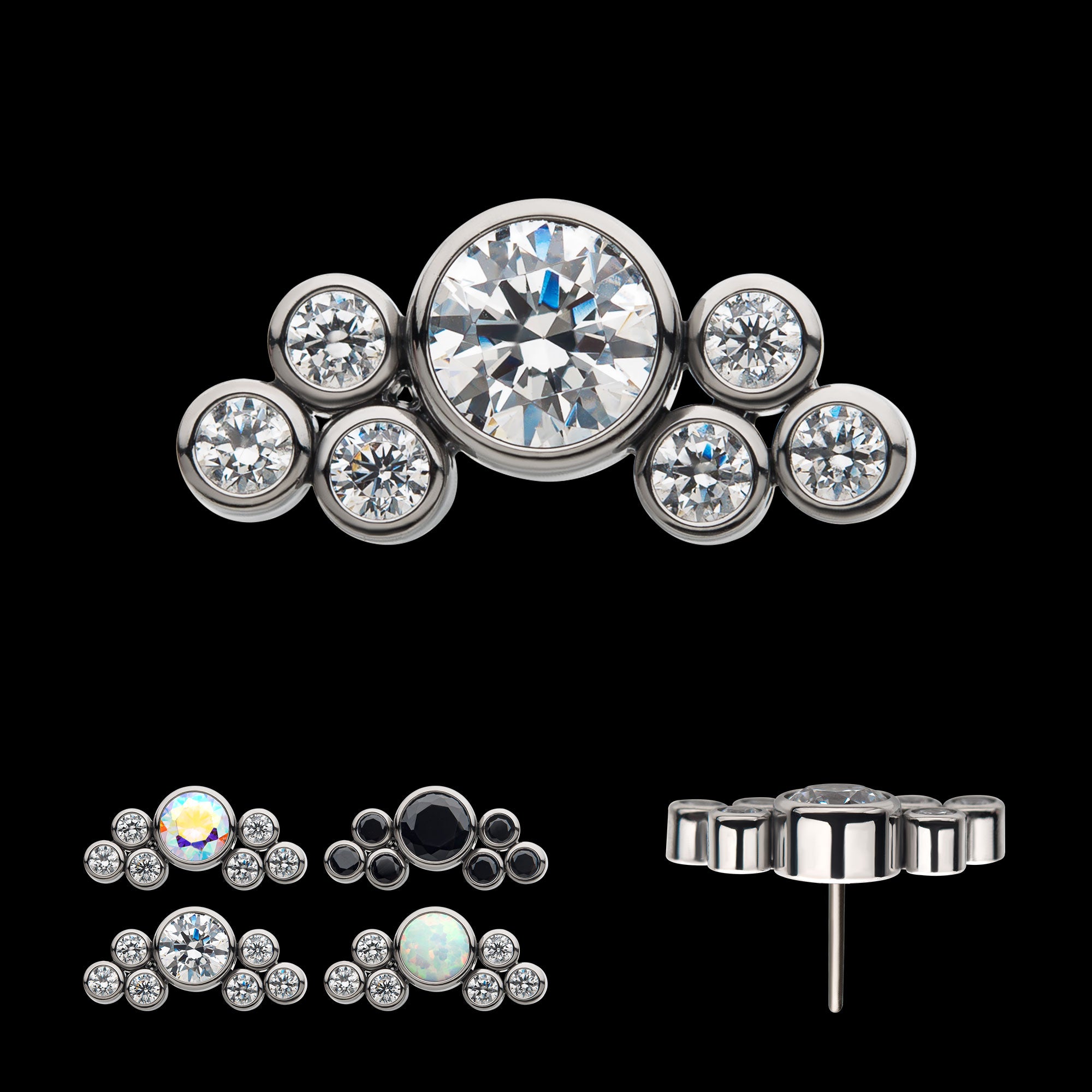 3.5mm Bezel Round CZ/Opal with 3-Gem Cluster Flatback Stud Earring / Nosering - Opal & CZ & Opal & CZ in Titanium
