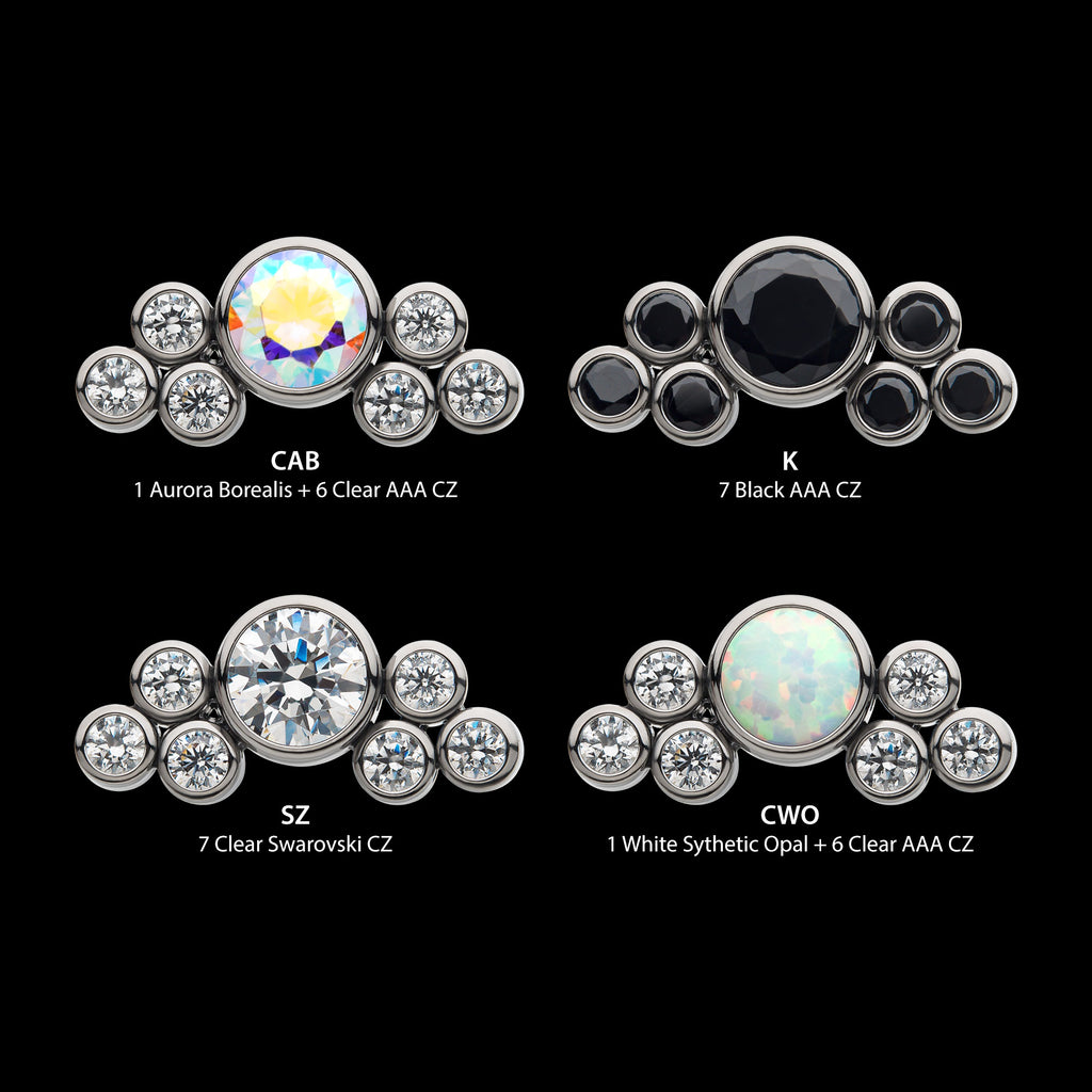3.5mm Bezel Round CZ/Opal with 3-Gem Cluster Flatback Stud Earring / Nosering - Opal & CZ & Opal & CZ in Titanium