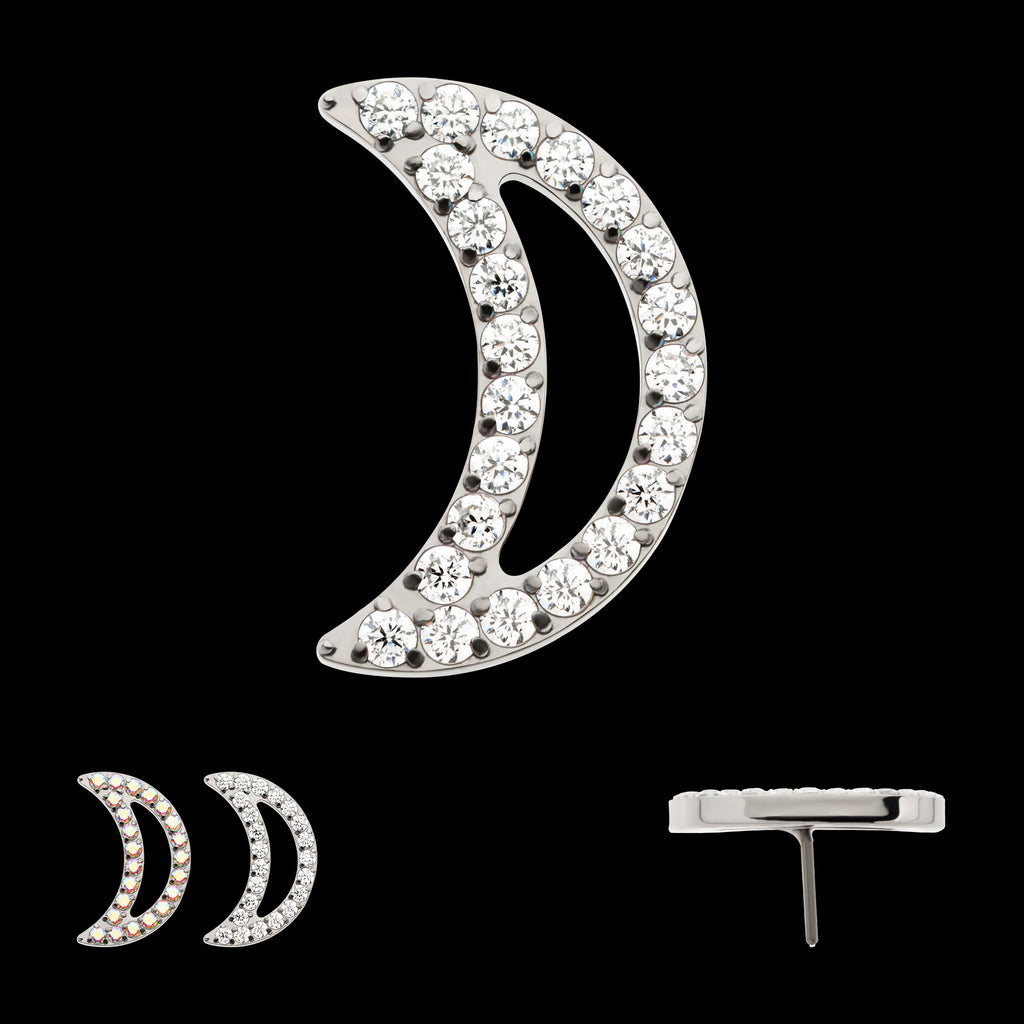Cut Out Crescent Moon with Pave Set Clustered CZ Flatback Stud Earring / Nosering - CZ in Titanium