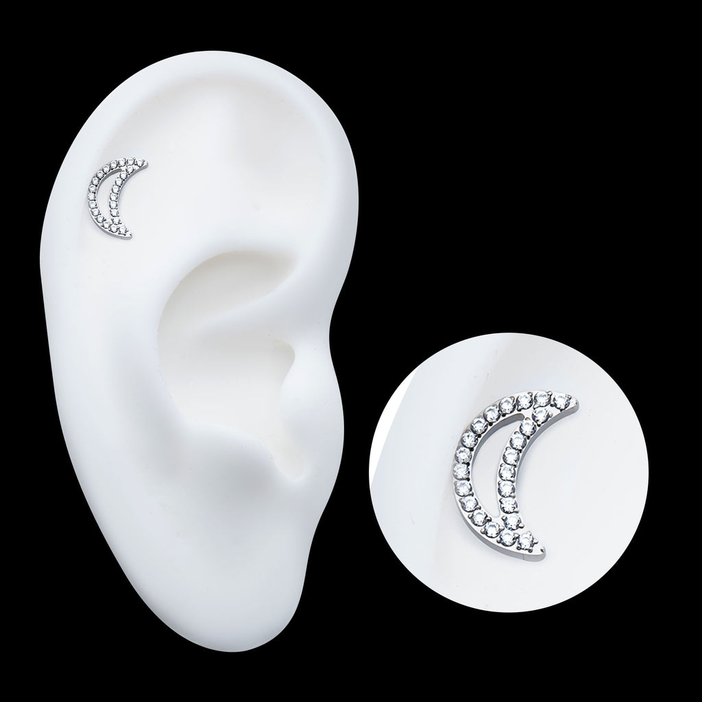 Cut Out Crescent Moon with Pave Set Clustered CZ Flatback Stud Earring / Nosering - CZ in Titanium