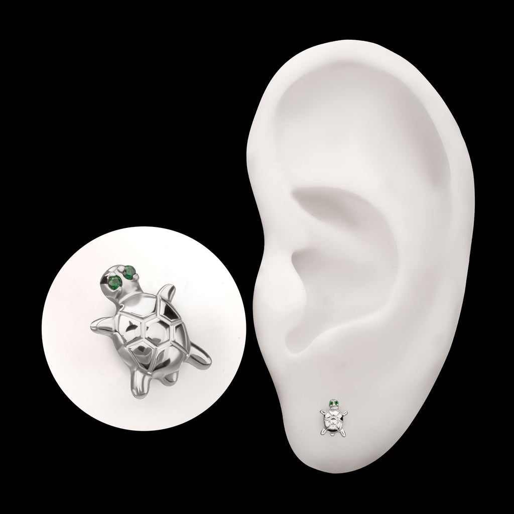Turtle with Prong Set CZ Gem Eyes Flatback Stud Earring / Nosering - CZ in Titanium
