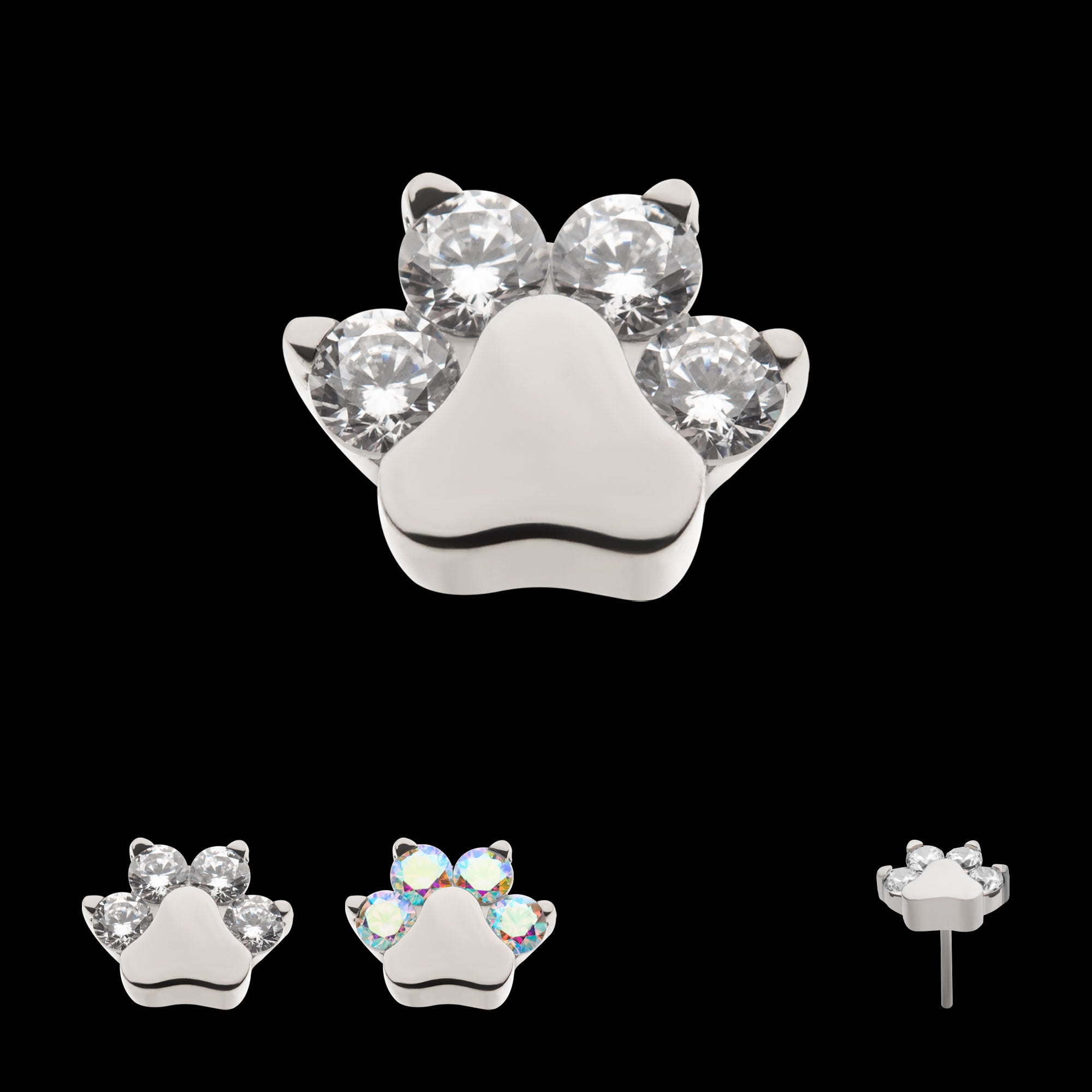 Prong Set CZ 4-Cluster Paw Flatback Stud Earring / Nosering - CZ in Titanium