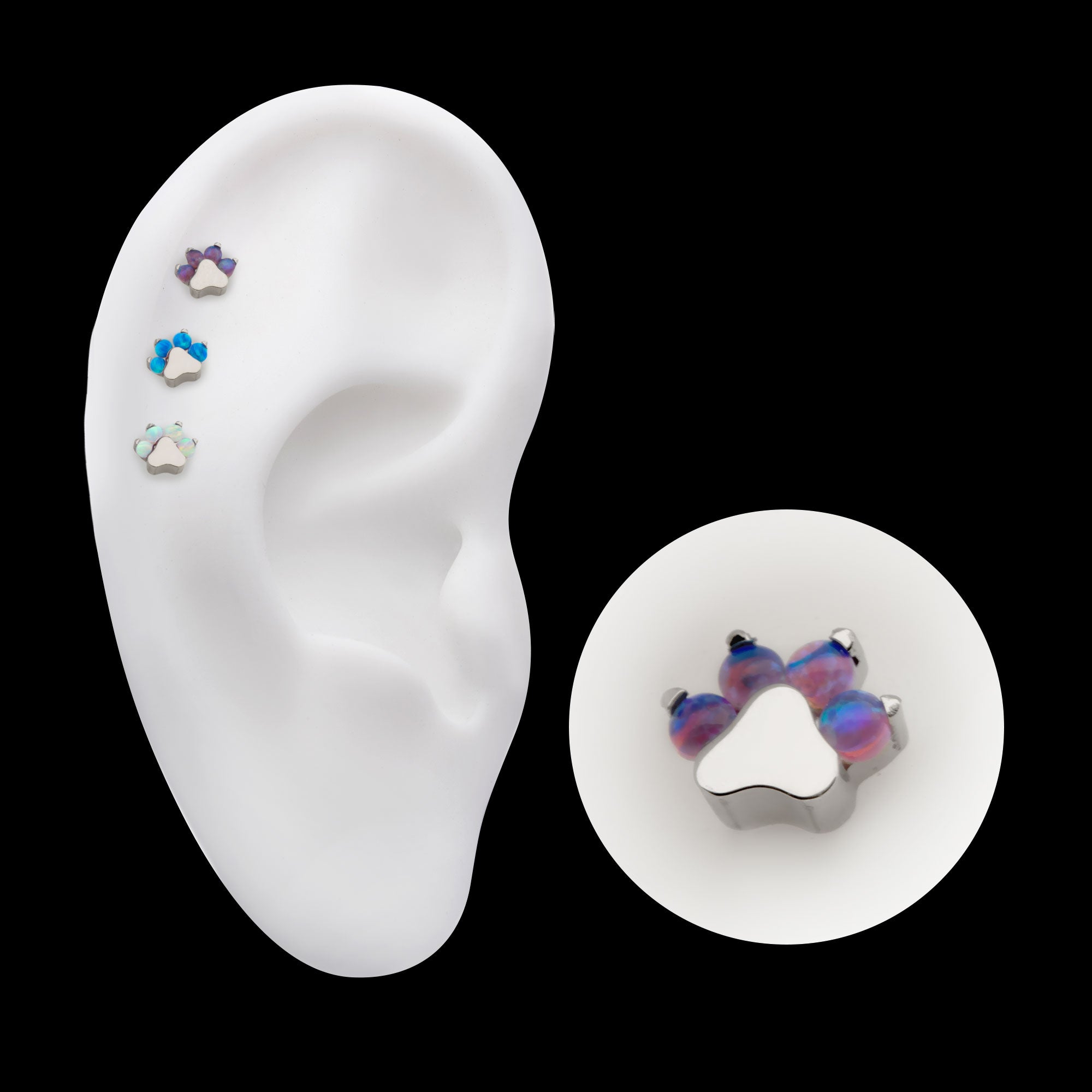 Prong Set Opal 4-Cluster Paw Flatback Stud Earring / Nosering - Opal in Titanium