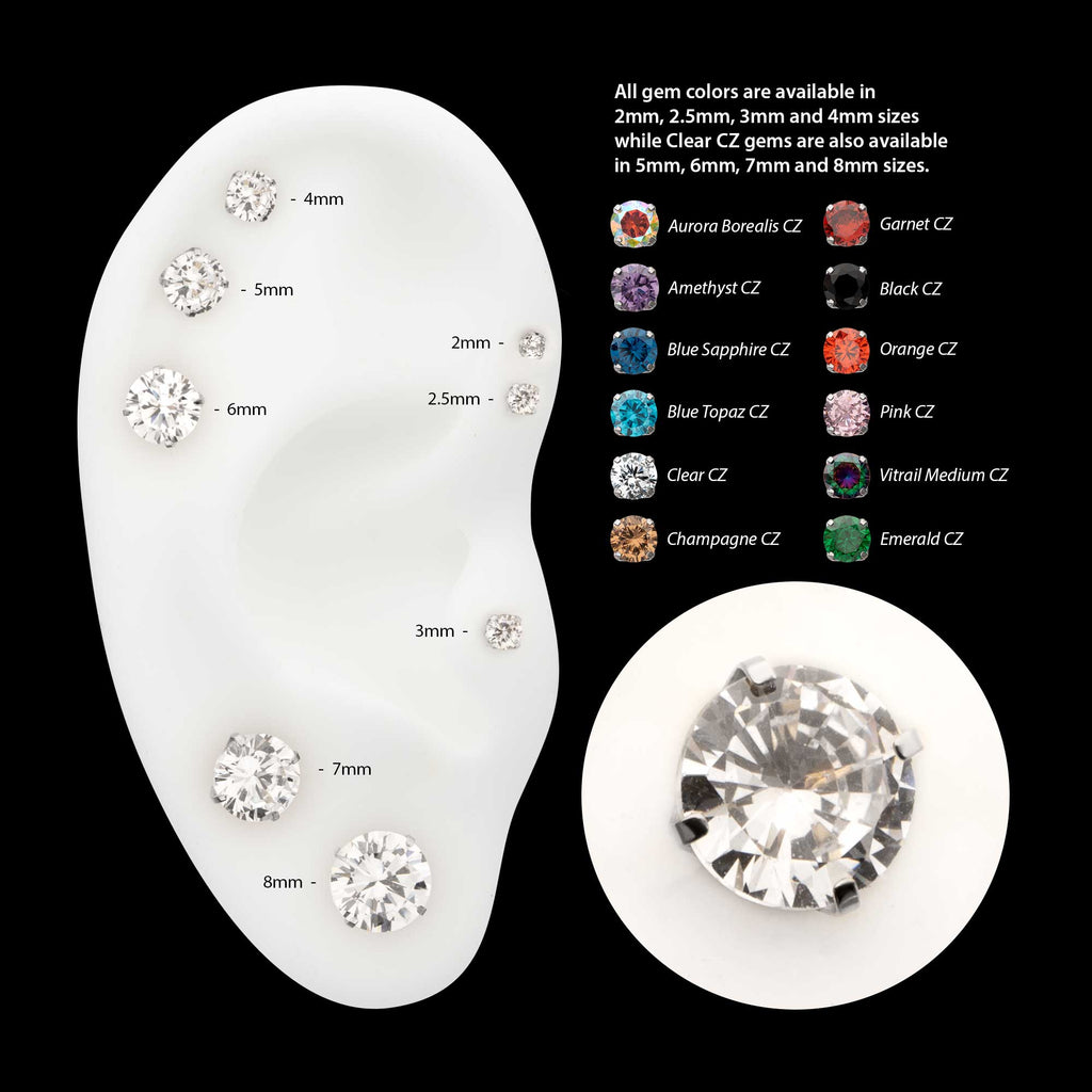 Low Profile 4 Prong Round Gem Flatback Stud Earring / Nosering - Gem in Titanium