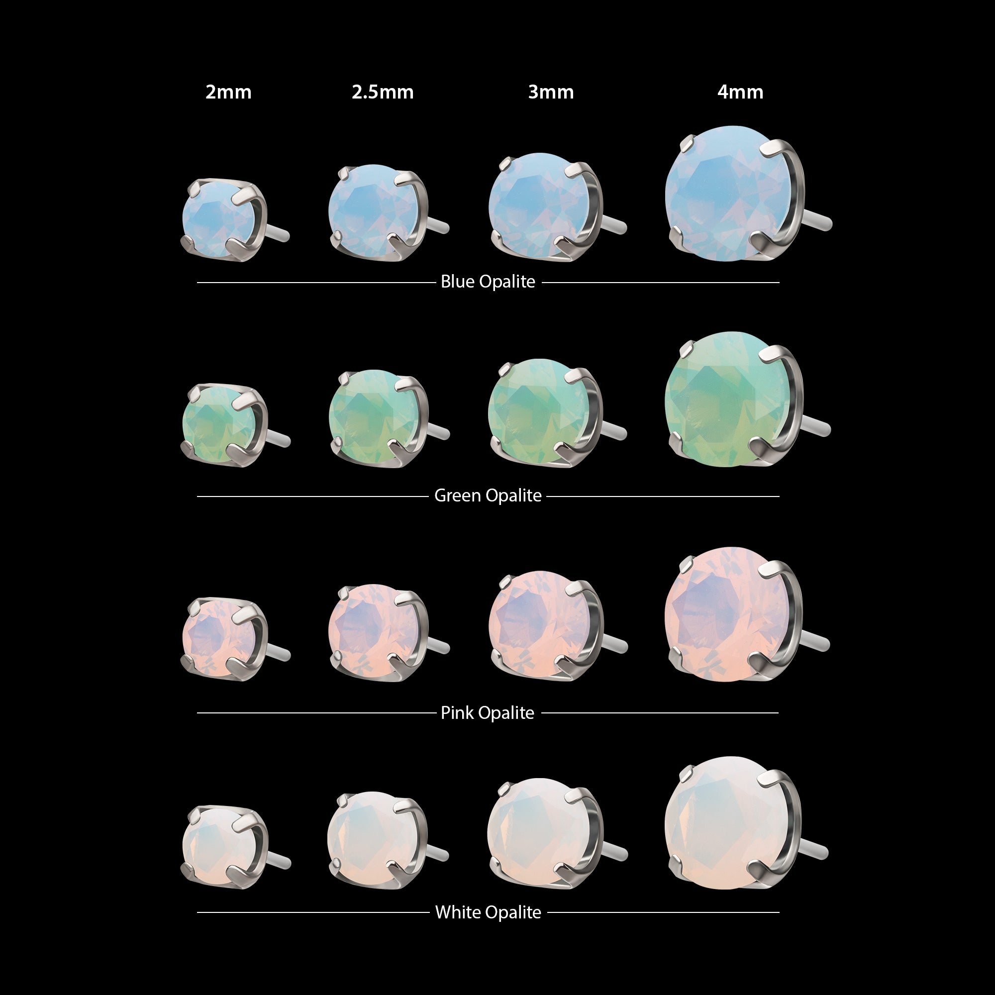 Low Profile 4 Prong Round Opalite Gem Flatback Stud Earring / Nosering - Opal in Titanium