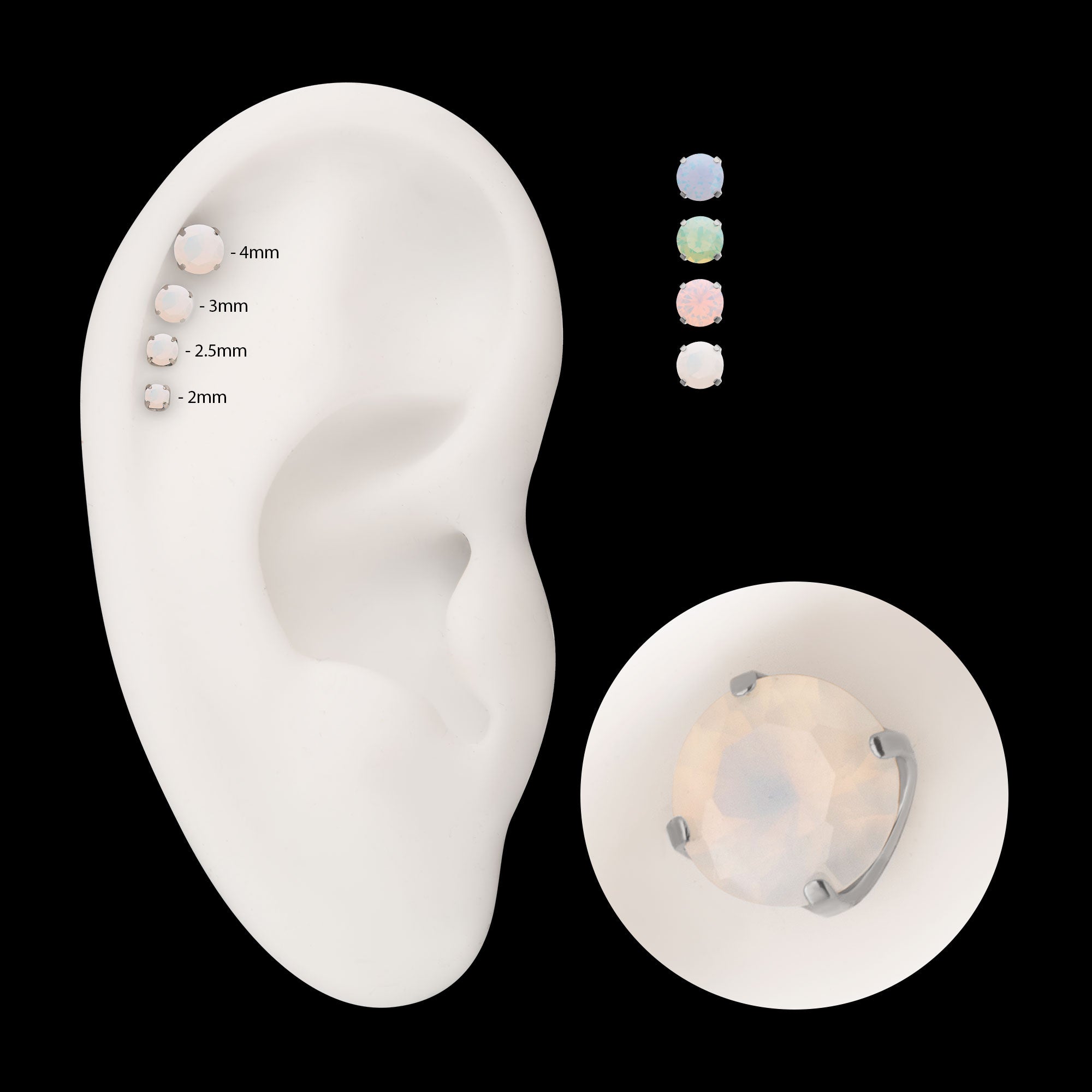 Low Profile 4 Prong Round Opalite Gem Flatback Stud Earring / Nosering - Opal in Titanium