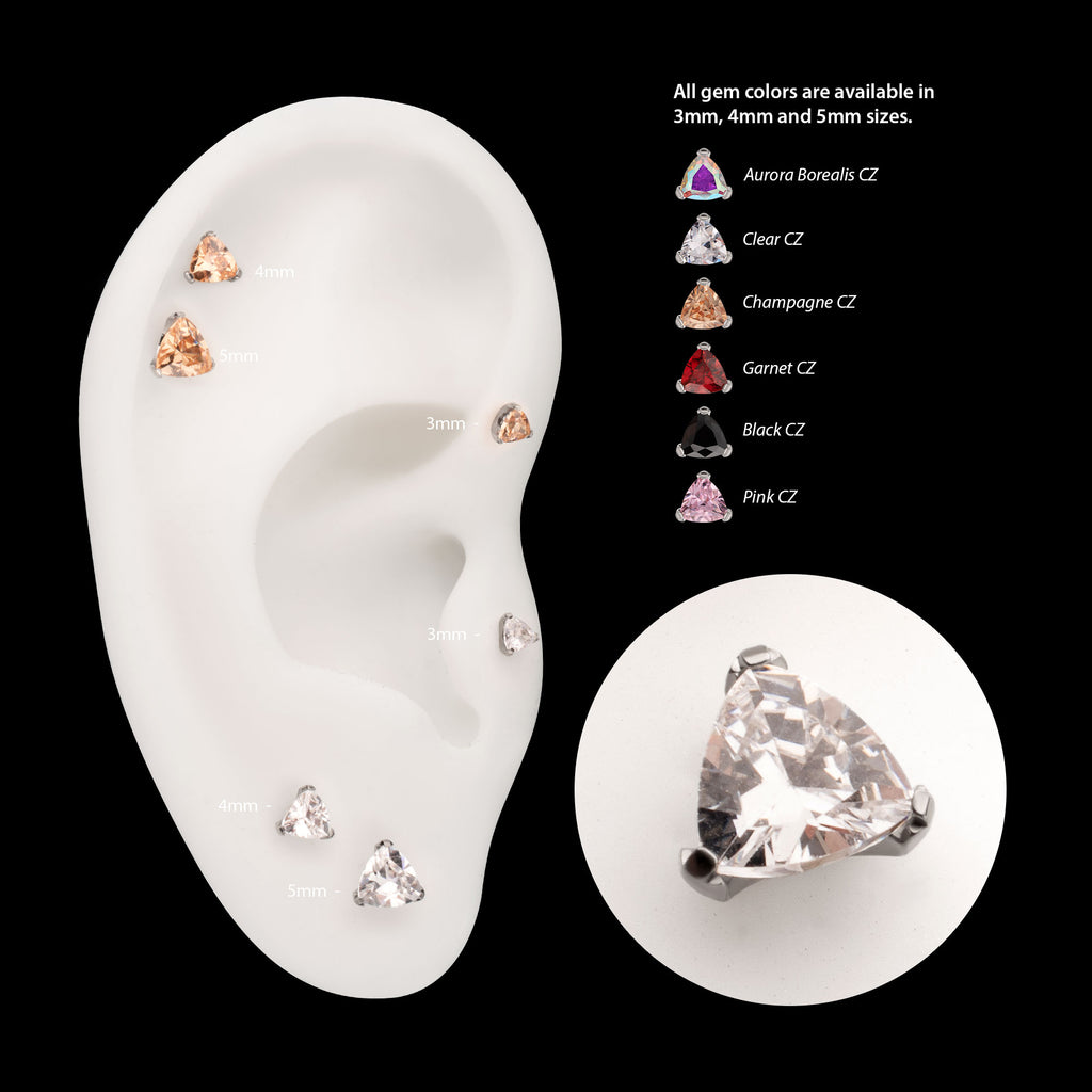 Prong Set Trillion Cut Gem Flatback Stud Earring / Nosering - Gem in Titanium