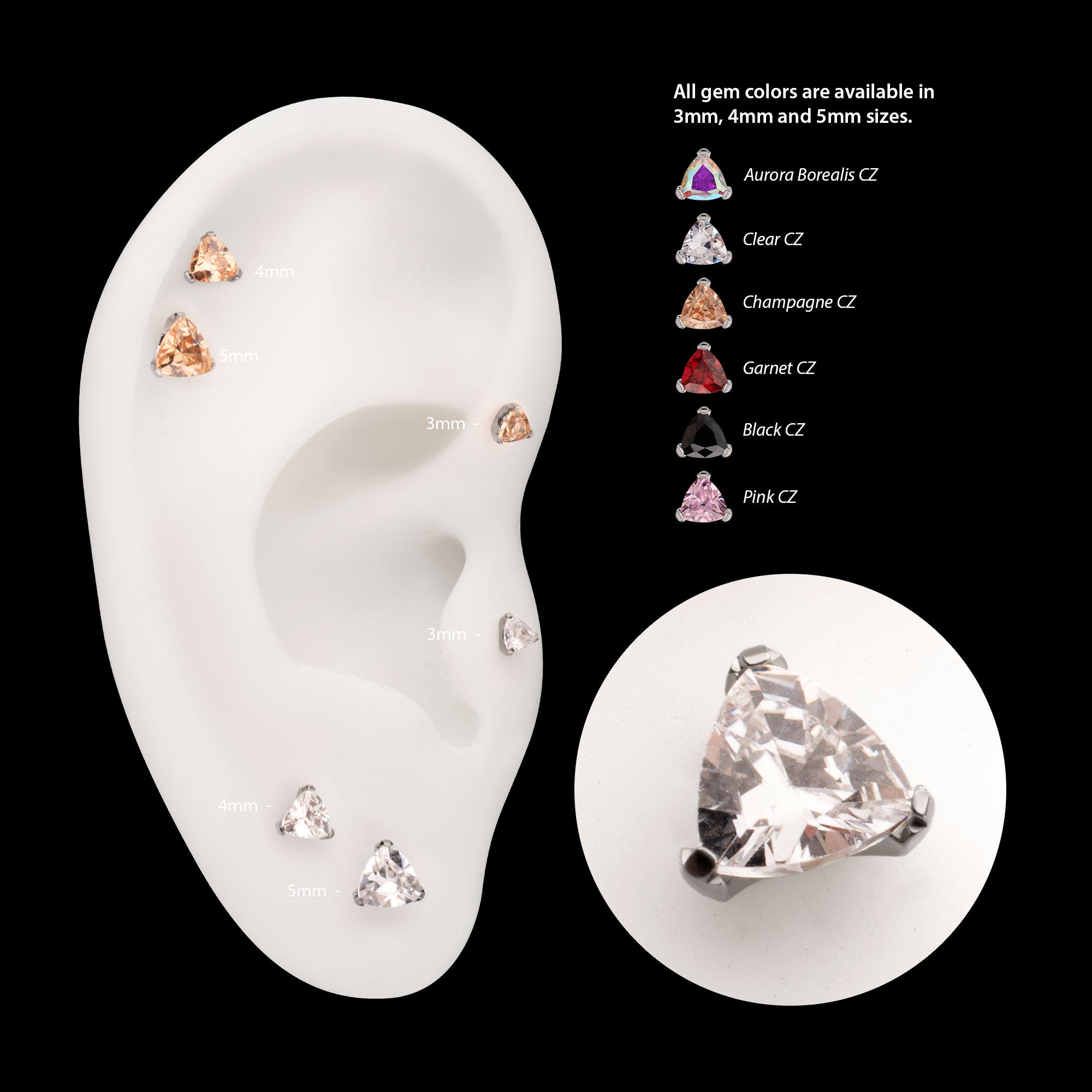 Prong Set Trillion Cut Gem Flatback Stud Earring / Nosering - Gem in Titanium