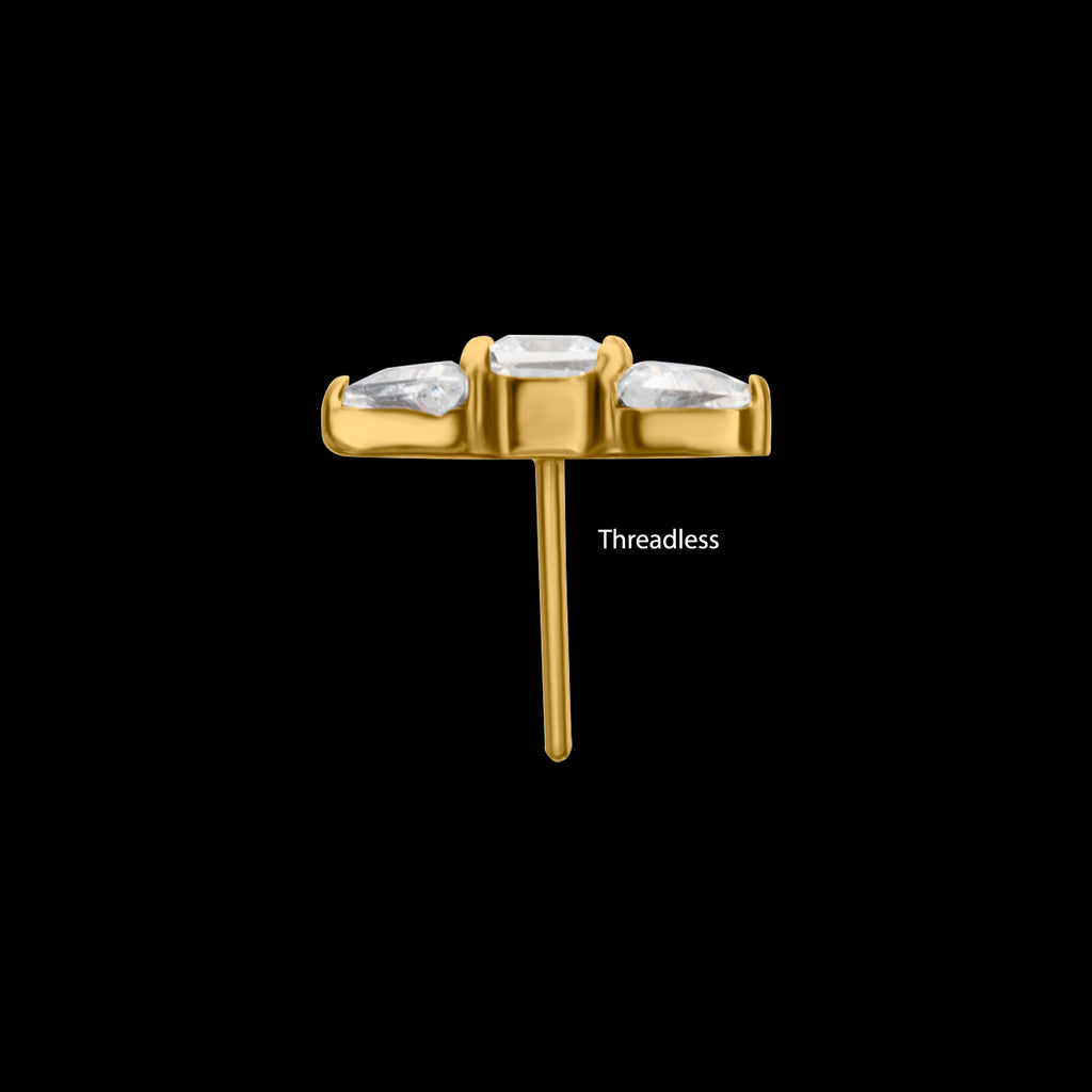 Tri-Linear Gem Cluster Flatback Stud Earring / Nosering - Gem in 24Kt Gold PVD Titanium