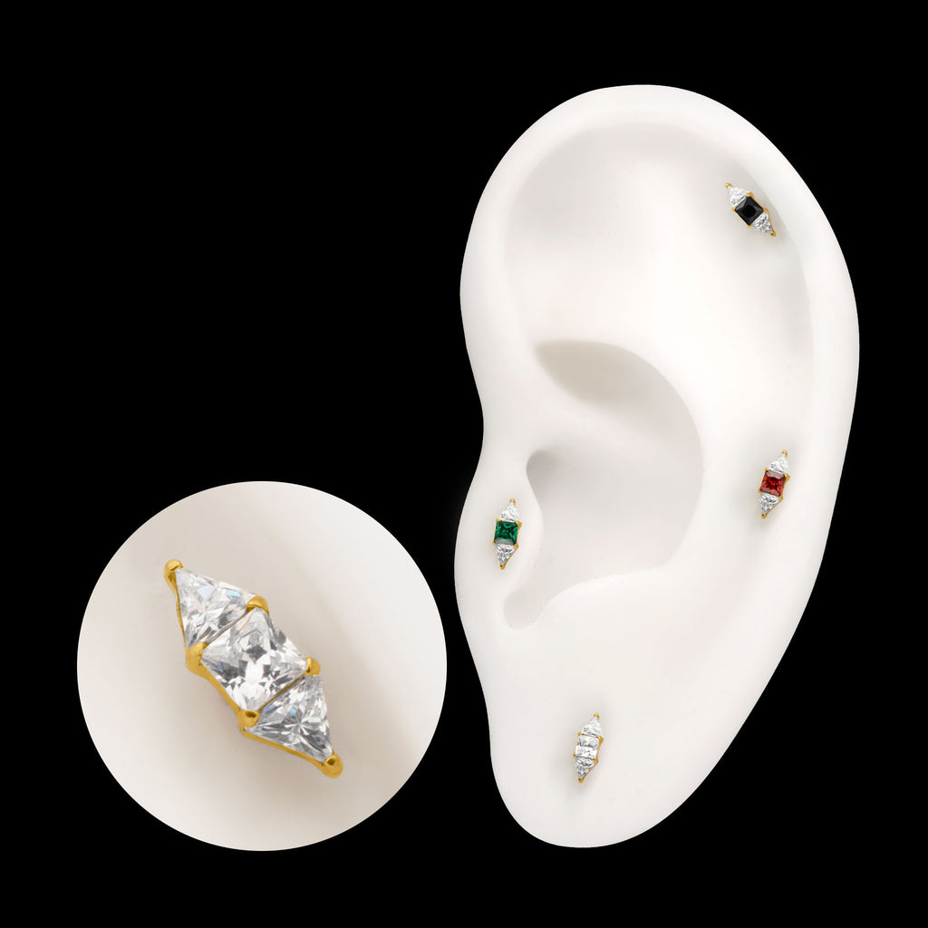 Tri-Linear Gem Cluster Flatback Stud Earring / Nosering - Gem in 24Kt Gold PVD Titanium