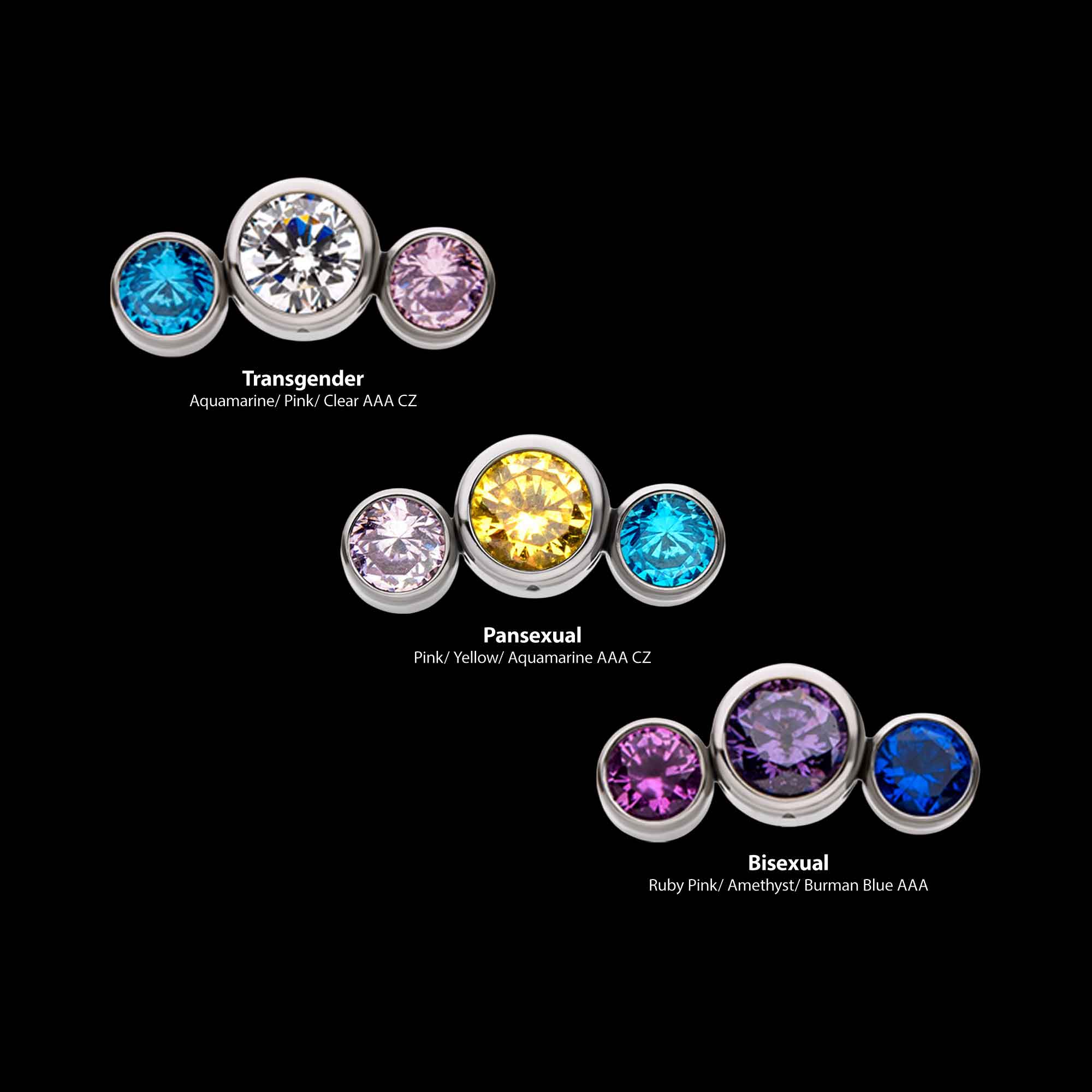 Bi-Trans-Pan Bezel Set CZ 3-Cluster Side Facing Flatback Stud Earring / Nosering - CZ in Titanium