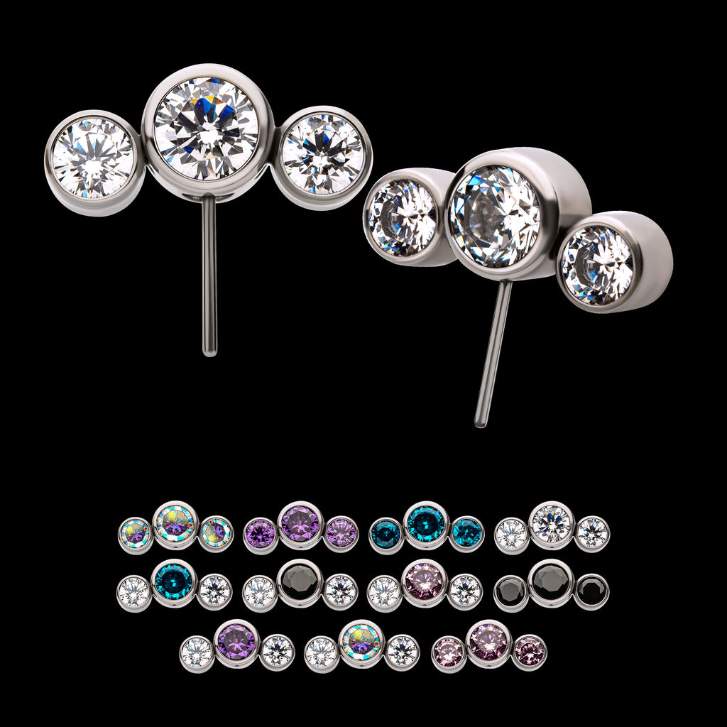 Bezel Set Multi-Color CZ 3-Cluster Side Facing Flatback Stud Earring / Nosering - CZ in Titanium