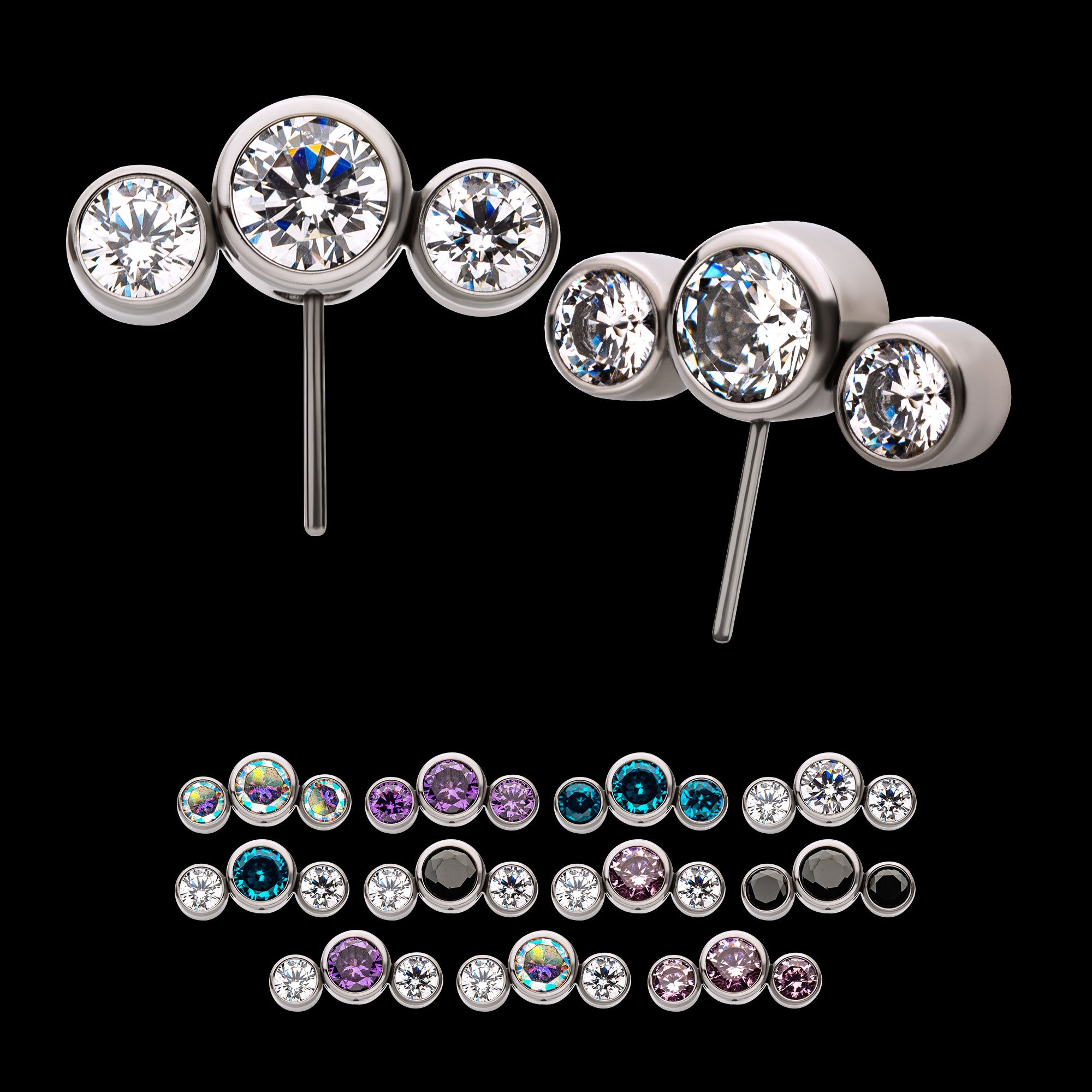 Bezel Set Multi-Color CZ 3-Cluster Side Facing Flatback Stud Earring / Nosering - CZ in Titanium