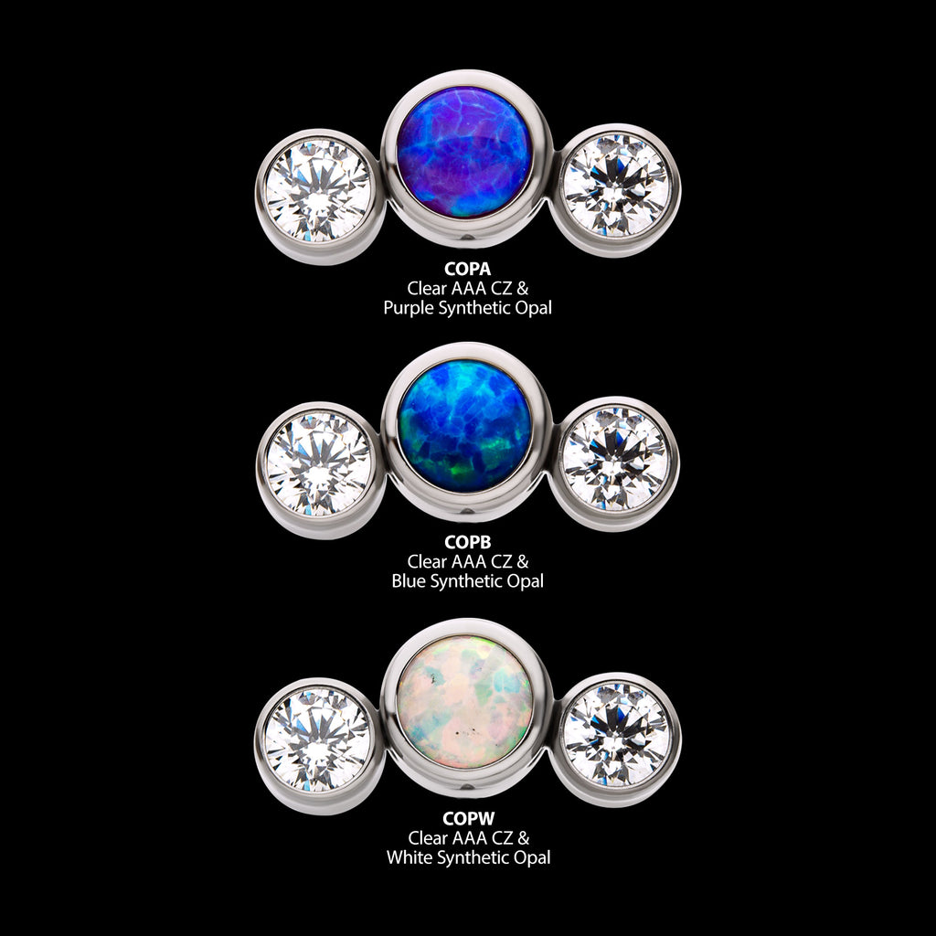 Bezel Set Multi-Color CZ/Opal 3-Cluster Side Facing Flatback Stud Earring / Nosering - Opal & CZ & Opal & CZ in Titanium