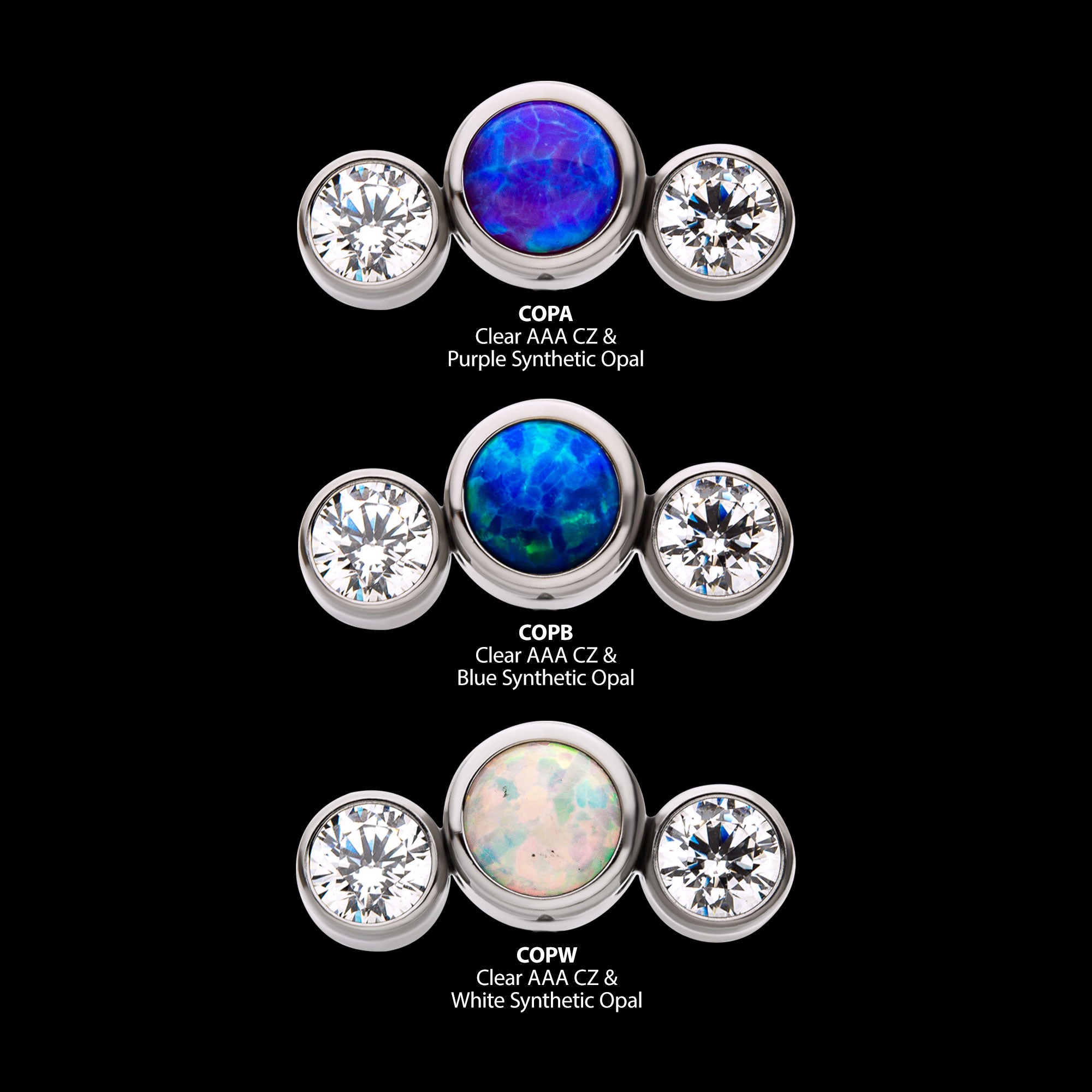 Bezel Set Multi-Color CZ/Opal 3-Cluster Side Facing Flatback Stud Earring / Nosering - Opal & CZ & Opal & CZ in Titanium