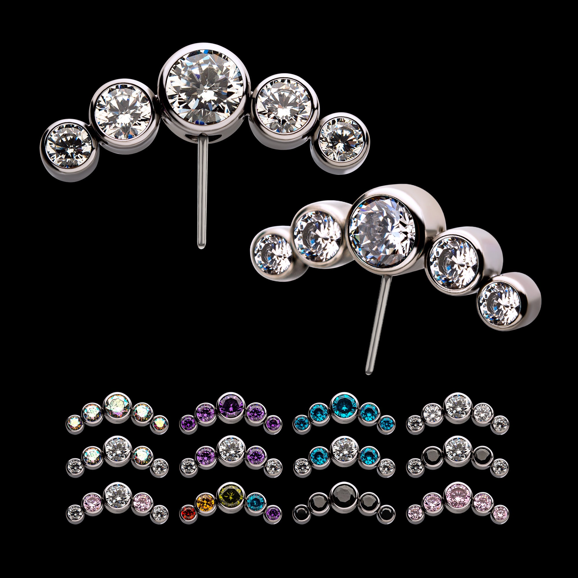 Bezel Set Multi-Color CZ 5-Cluster Side Facing Flatback Stud Earring / Nosering - CZ in Titanium