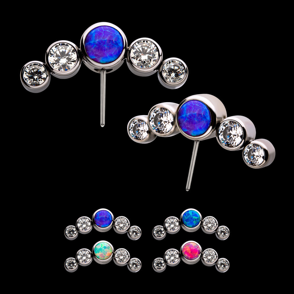 Bezel Set Multi-Color CZ/Opal 5-Cluster Side Facing Flatback Stud Earring / Nosering - Opal & CZ & Opal & CZ in Titanium