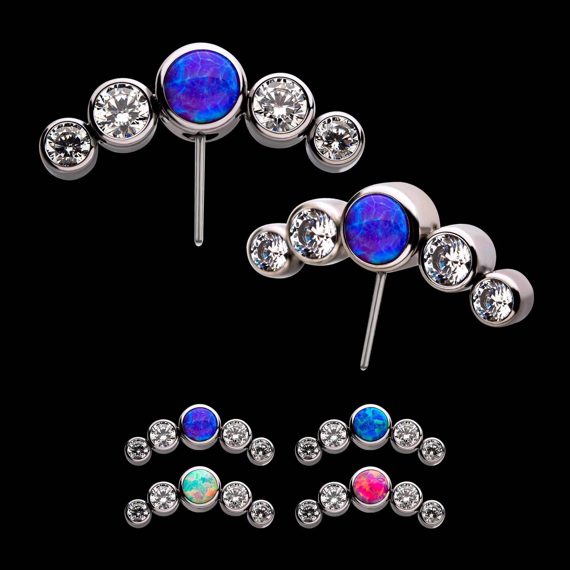 Bezel Set Multi-Color CZ/Opal 5-Cluster Side Facing Flatback Stud Earring / Nosering - Opal & CZ & Opal & CZ in Titanium