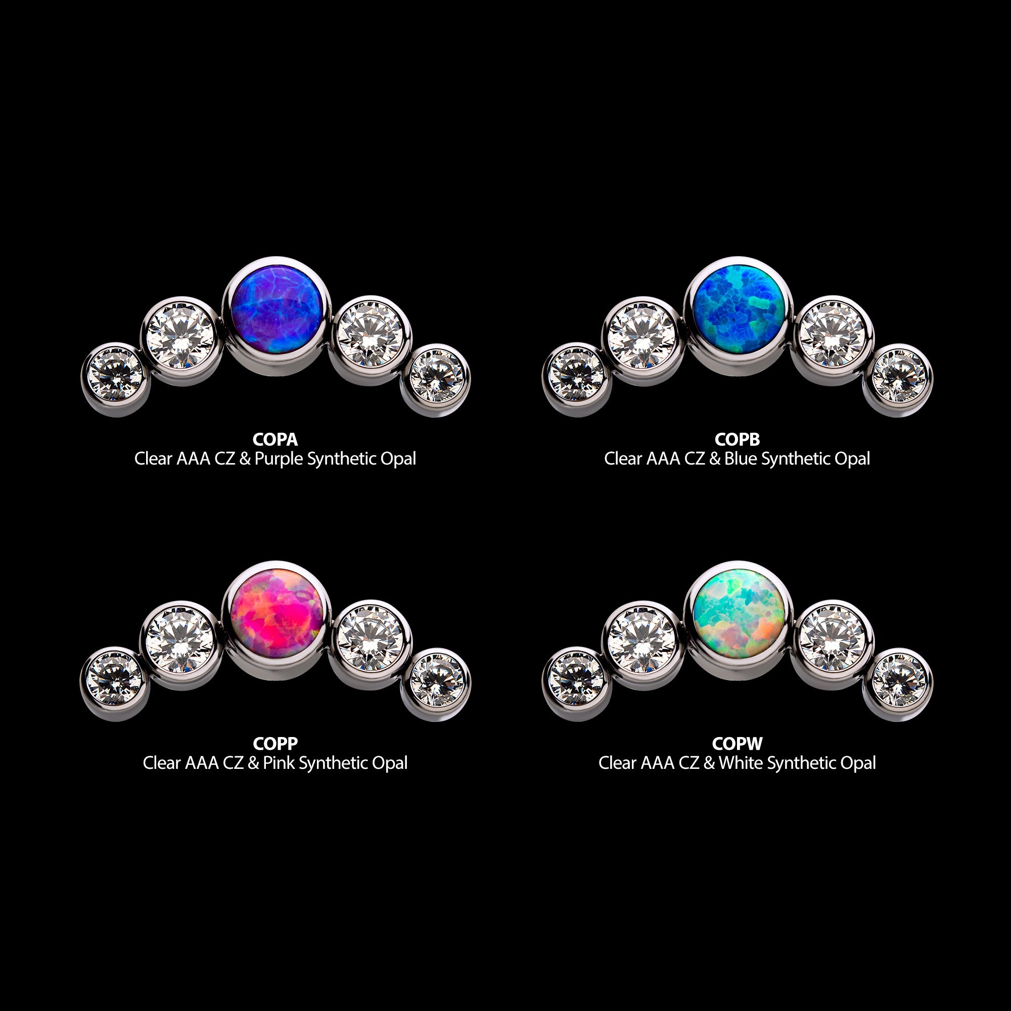 Bezel Set Multi-Color CZ/Opal 5-Cluster Side Facing Flatback Stud Earring / Nosering - Opal & CZ & Opal & CZ in Titanium