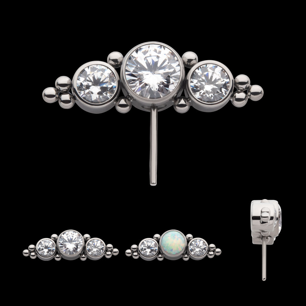 3-Cluster Bezel Set CZ/Opal & Trio Beads Side Facing Flatback Stud Earring / Nosering - Opal & CZ & Opal & CZ in Titanium