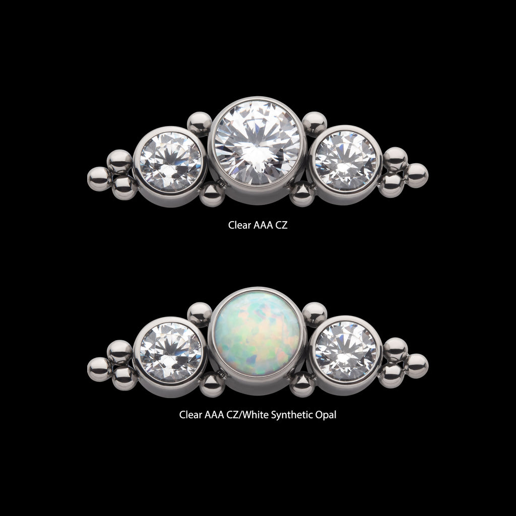 3-Cluster Bezel Set CZ/Opal & Trio Beads Side Facing Flatback Stud Earring / Nosering - Opal & CZ & Opal & CZ in Titanium