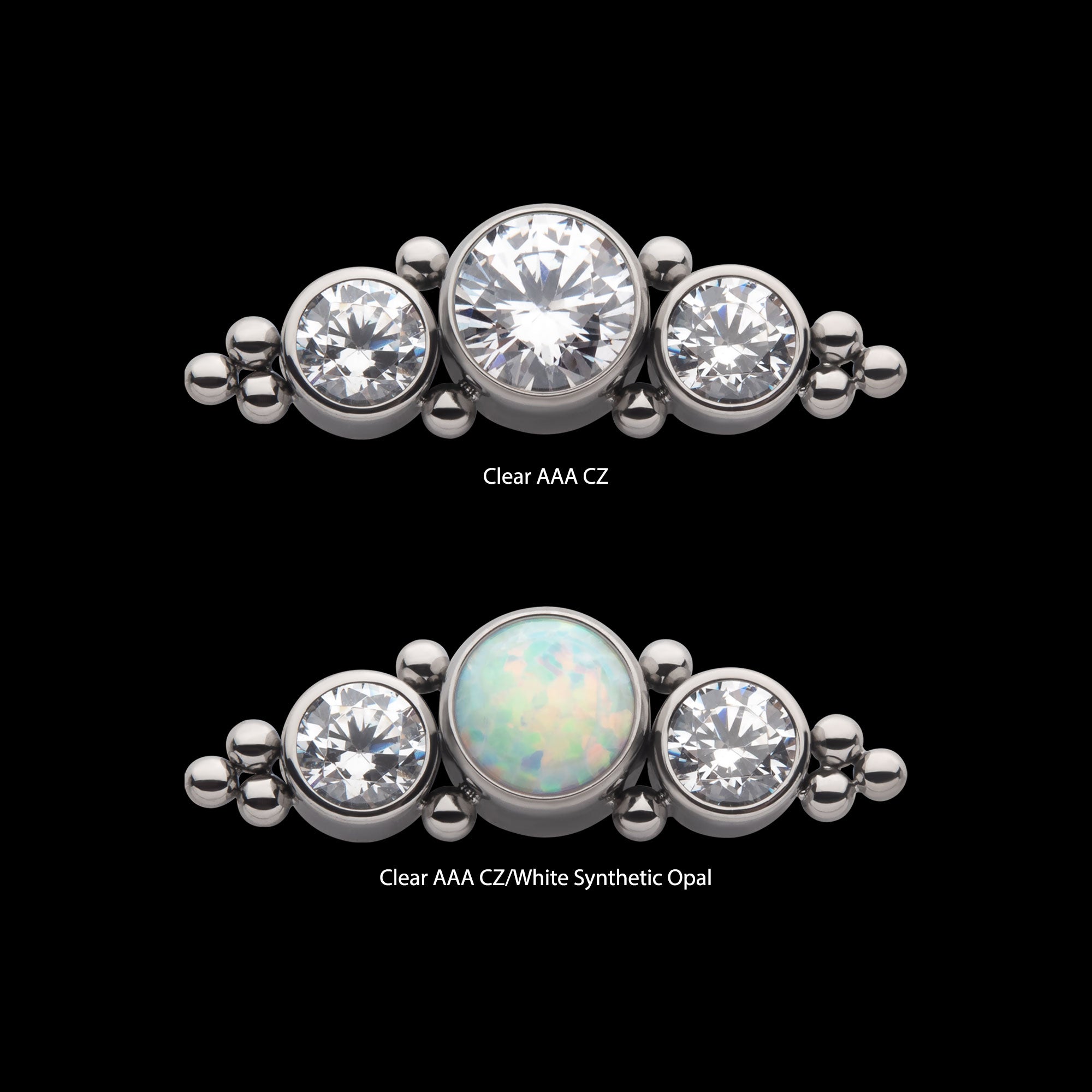 3-Cluster Bezel Set CZ/Opal & Trio Beads Side Facing Flatback Stud Earring / Nosering - Opal & CZ & Opal & CZ in Titanium