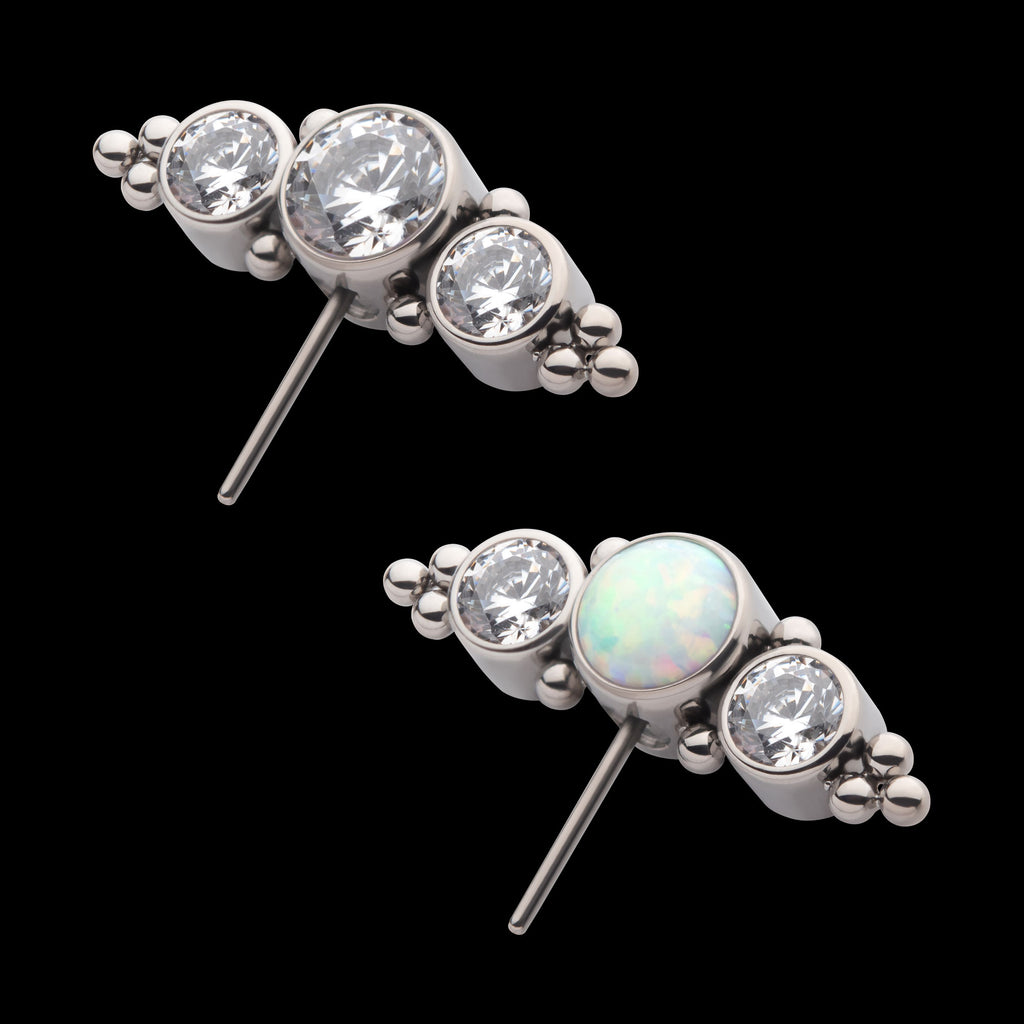 3-Cluster Bezel Set CZ/Opal & Trio Beads Side Facing Flatback Stud Earring / Nosering - Opal & CZ & Opal & CZ in Titanium