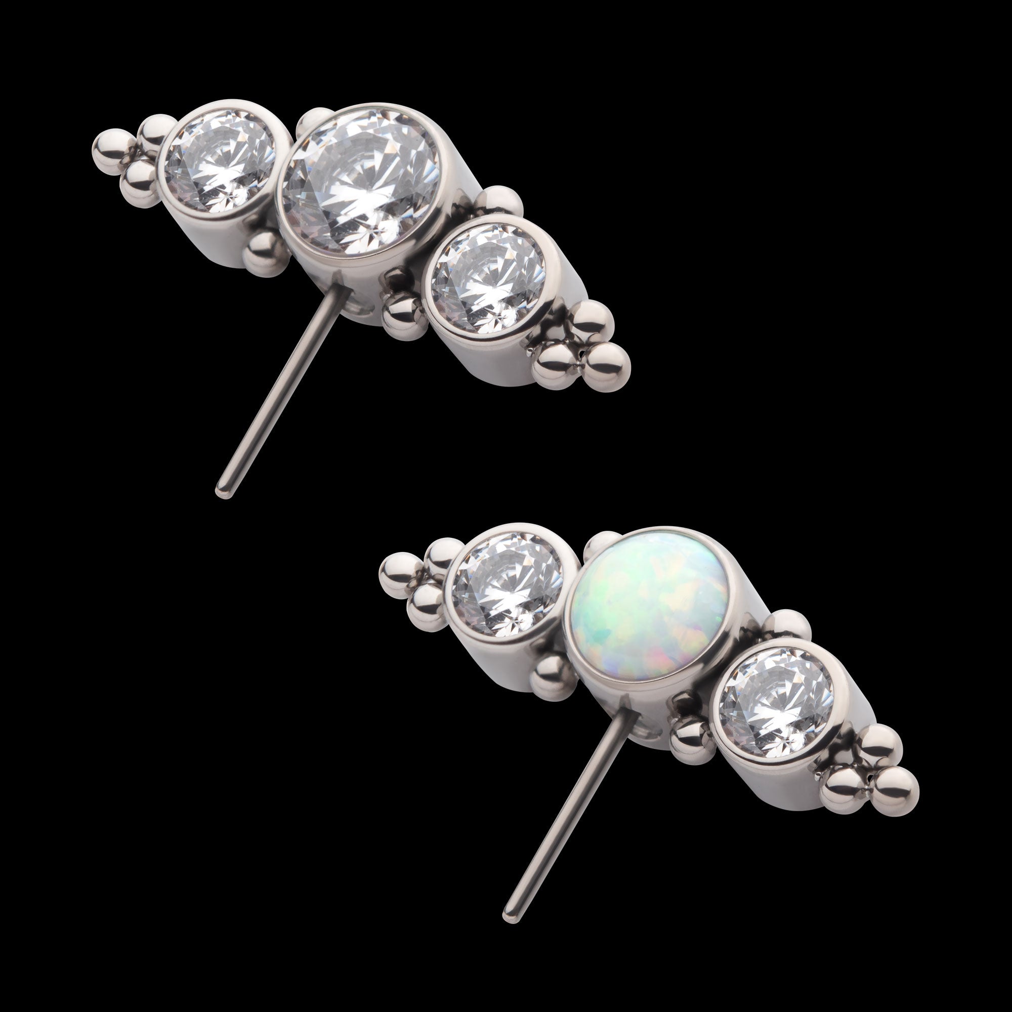 3-Cluster Bezel Set CZ/Opal & Trio Beads Side Facing Flatback Stud Earring / Nosering - Opal & CZ & Opal & CZ in Titanium