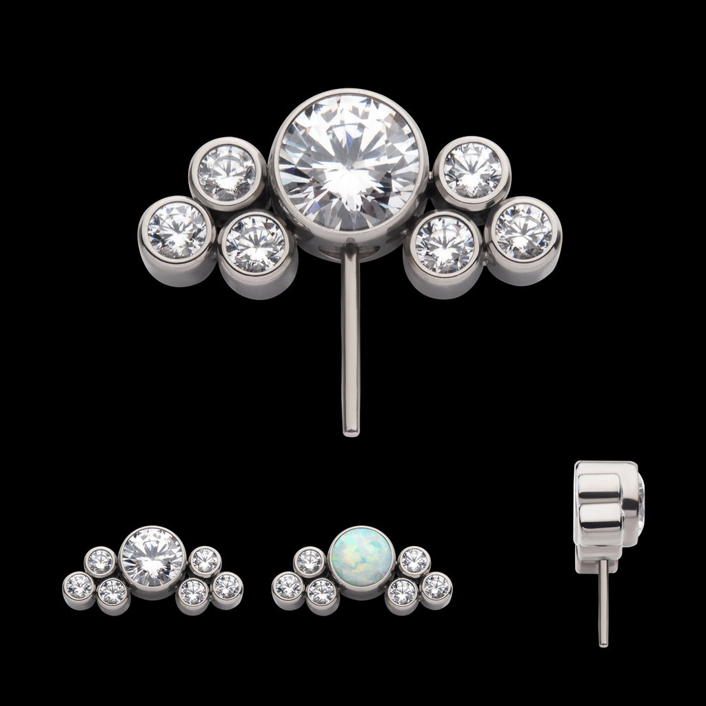 3.5mm Bezel Round CZ/Opal with 3-Gem Cluster Side Facing Flatback Stud Earring / Nosering - Opal & CZ & Opal & CZ in Titanium
