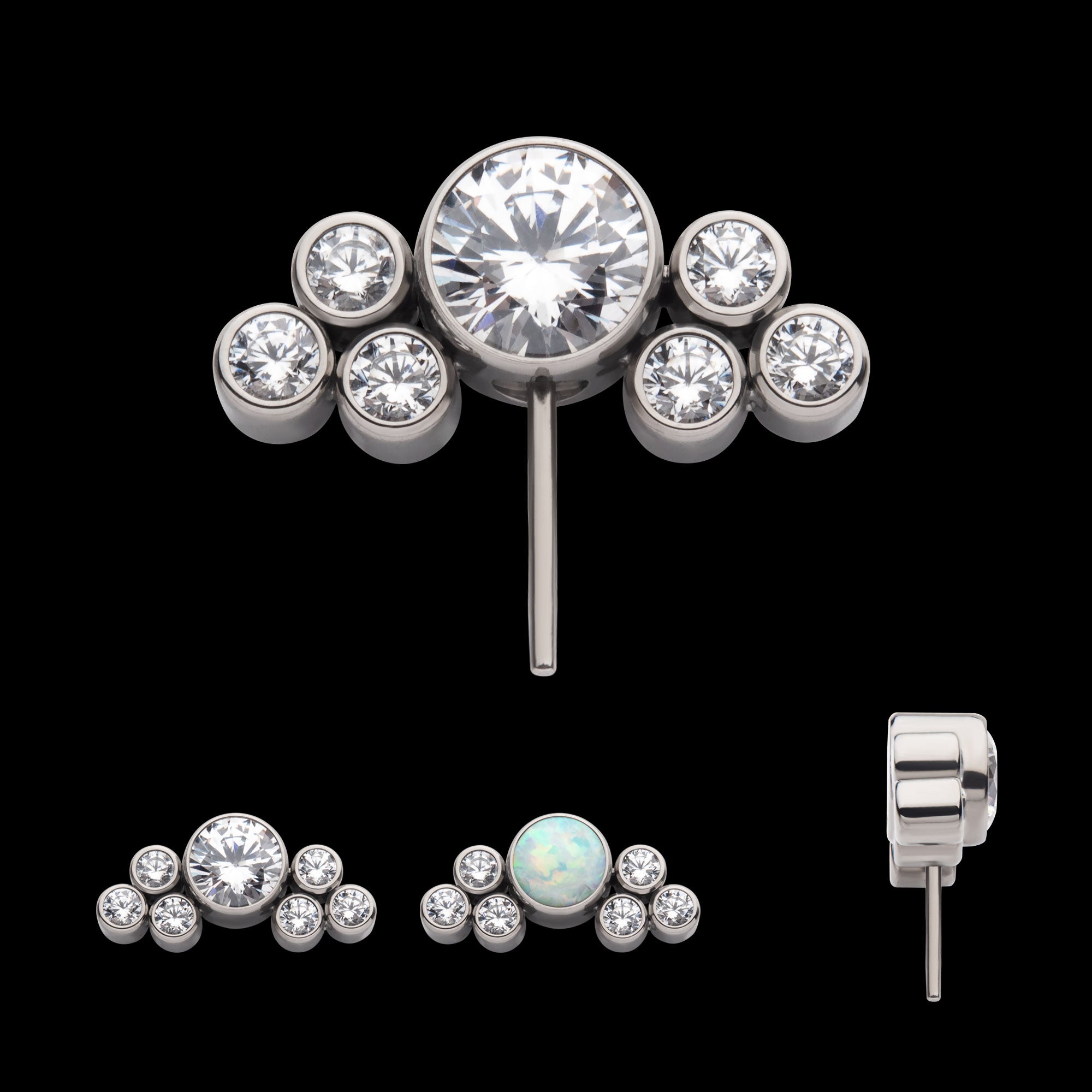 3.5mm Bezel Round CZ/Opal with 3-Gem Cluster Side Facing Flatback Stud Earring / Nosering - Opal & CZ & Opal & CZ in Titanium