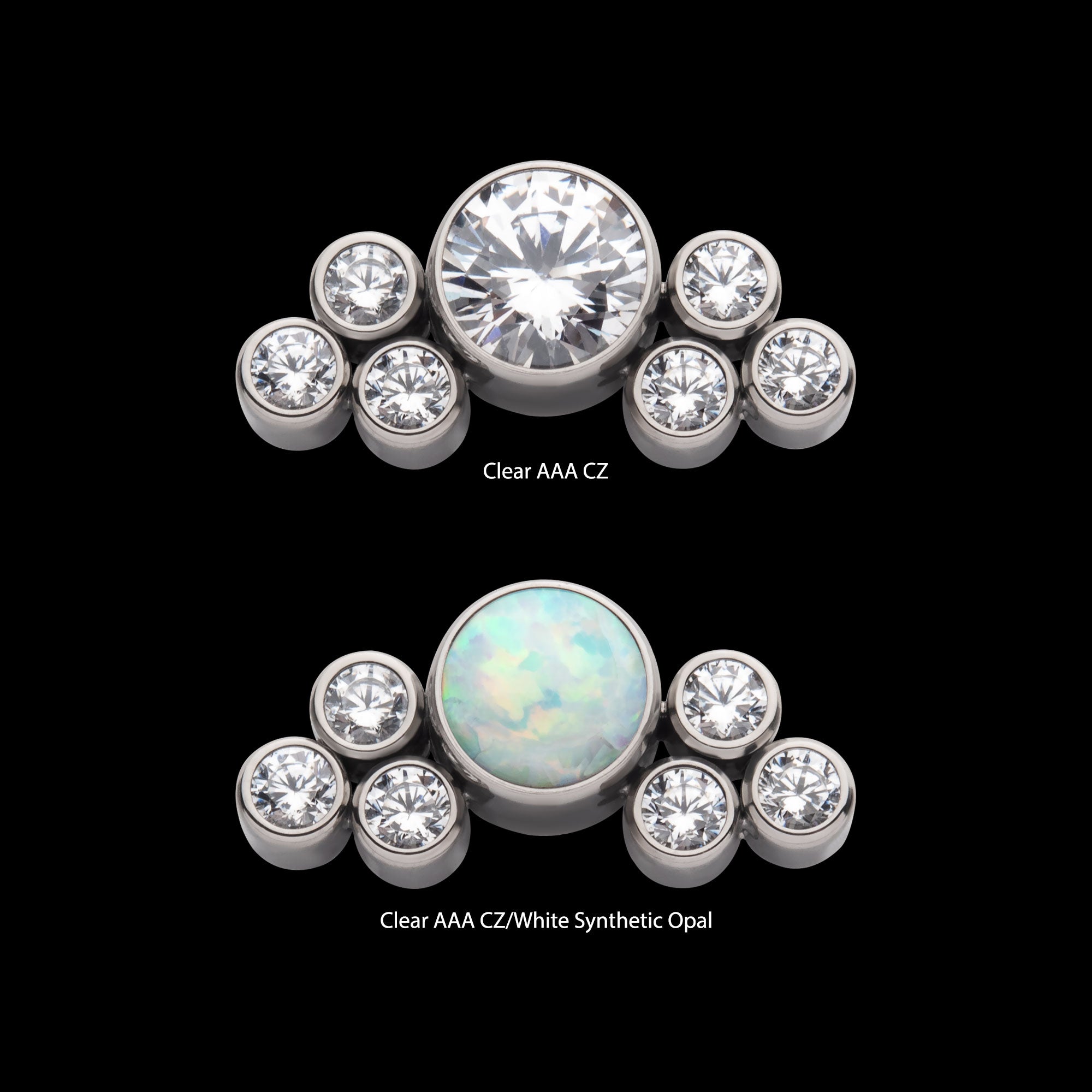 3.5mm Bezel Round CZ/Opal with 3-Gem Cluster Side Facing Flatback Stud Earring / Nosering - Opal & CZ & Opal & CZ in Titanium
