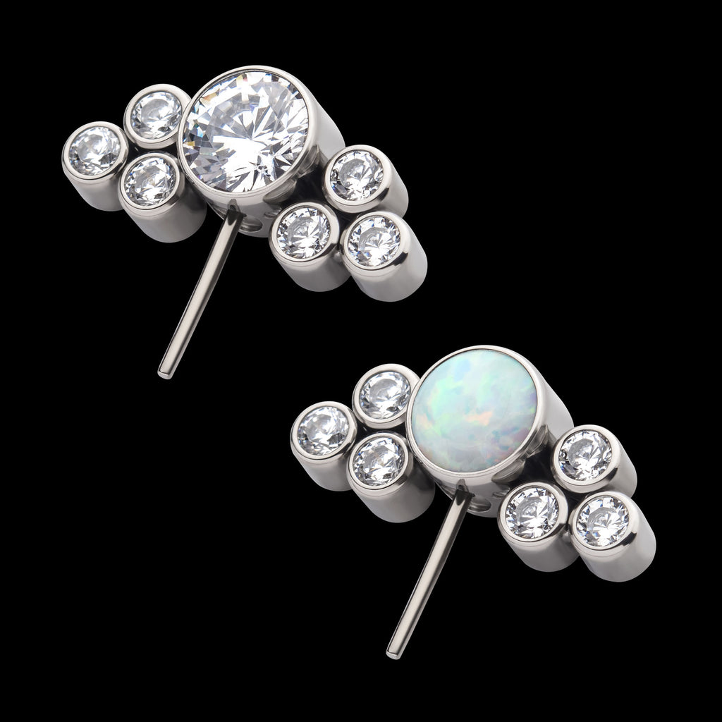 3.5mm Bezel Round CZ/Opal with 3-Gem Cluster Side Facing Flatback Stud Earring / Nosering - Opal & CZ & Opal & CZ in Titanium