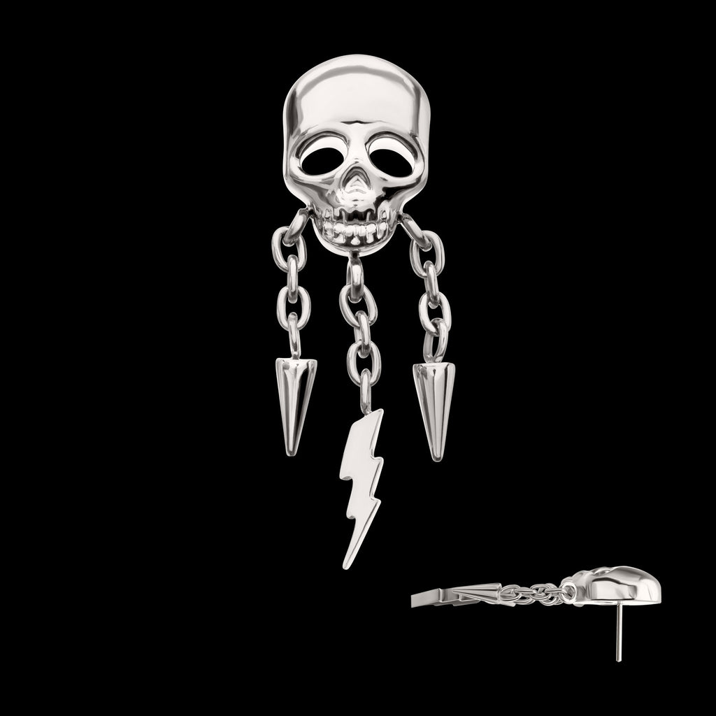 Skull with Spike & Lightning Bolt Dangle Chain Flatback Stud Earring / Nosering - Titanium