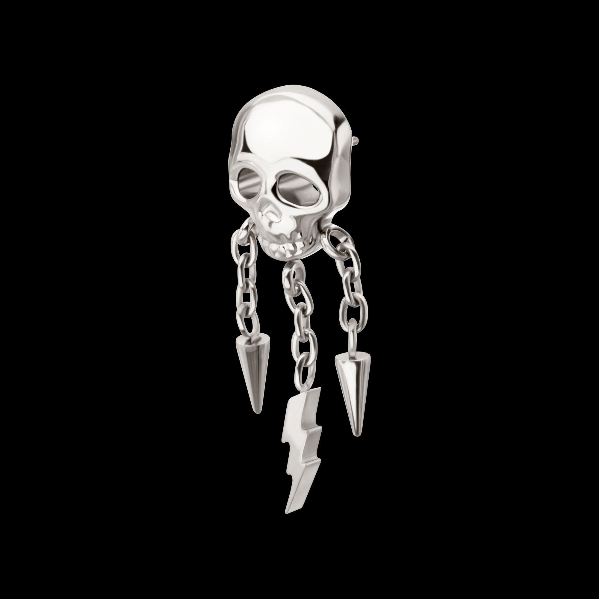 Skull with Spike & Lightning Bolt Dangle Chain Flatback Stud Earring / Nosering - Titanium