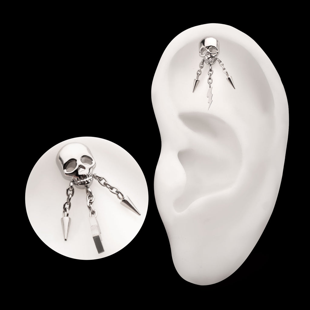 Skull with Spike & Lightning Bolt Dangle Chain Flatback Stud Earring / Nosering - Titanium