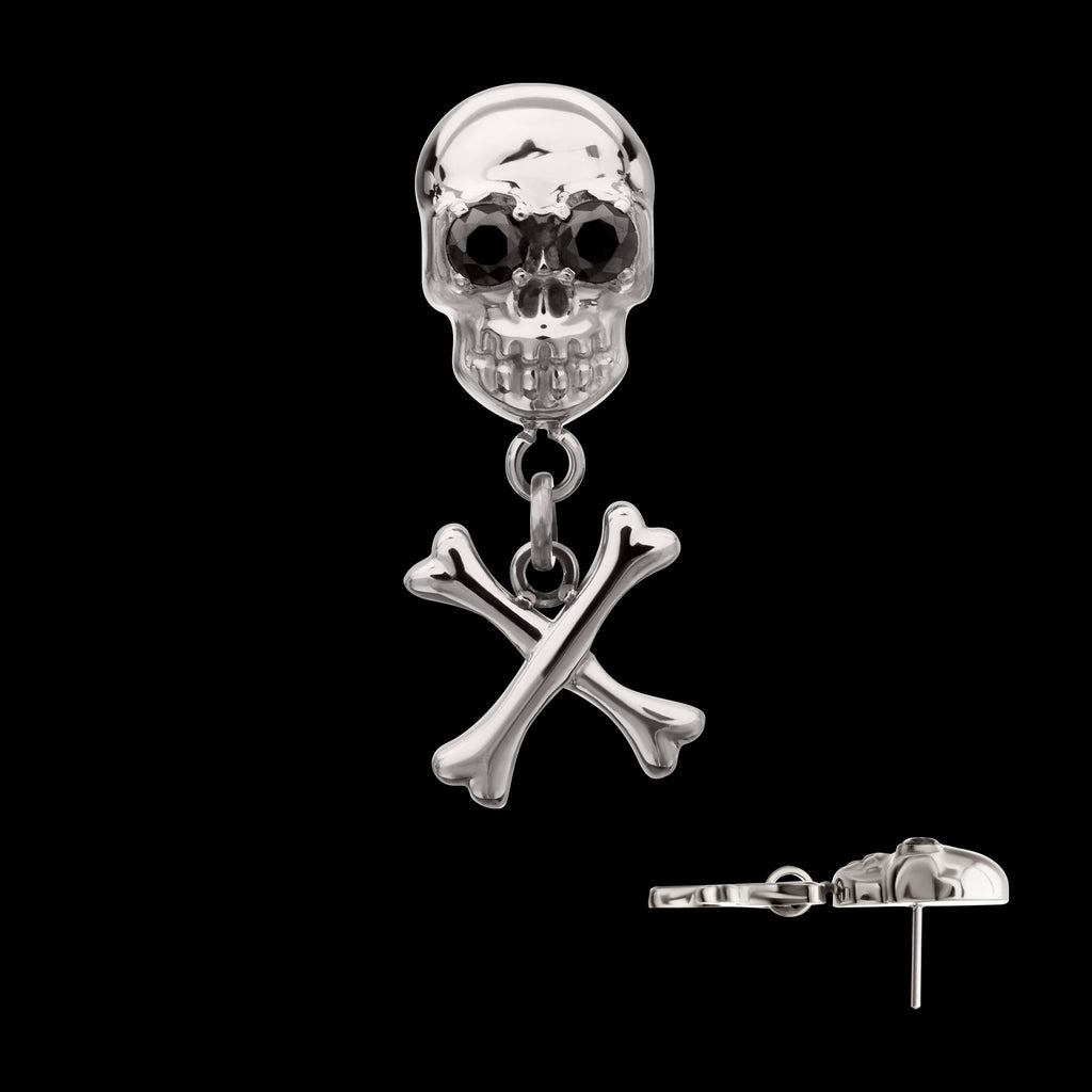 Skull with Crossbone Dangle Flatback Stud Earring / Nosering - Titanium